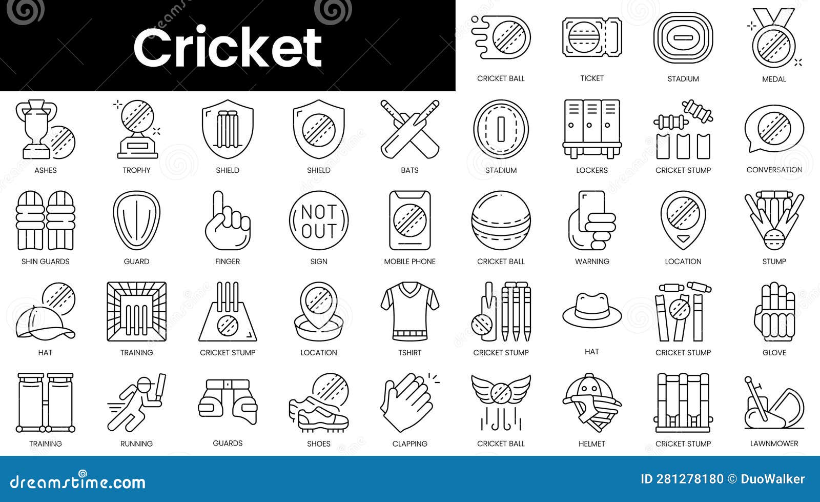 Set of Outline Cricket Icons. Minimalist Thin Linear  Icon Set Stock