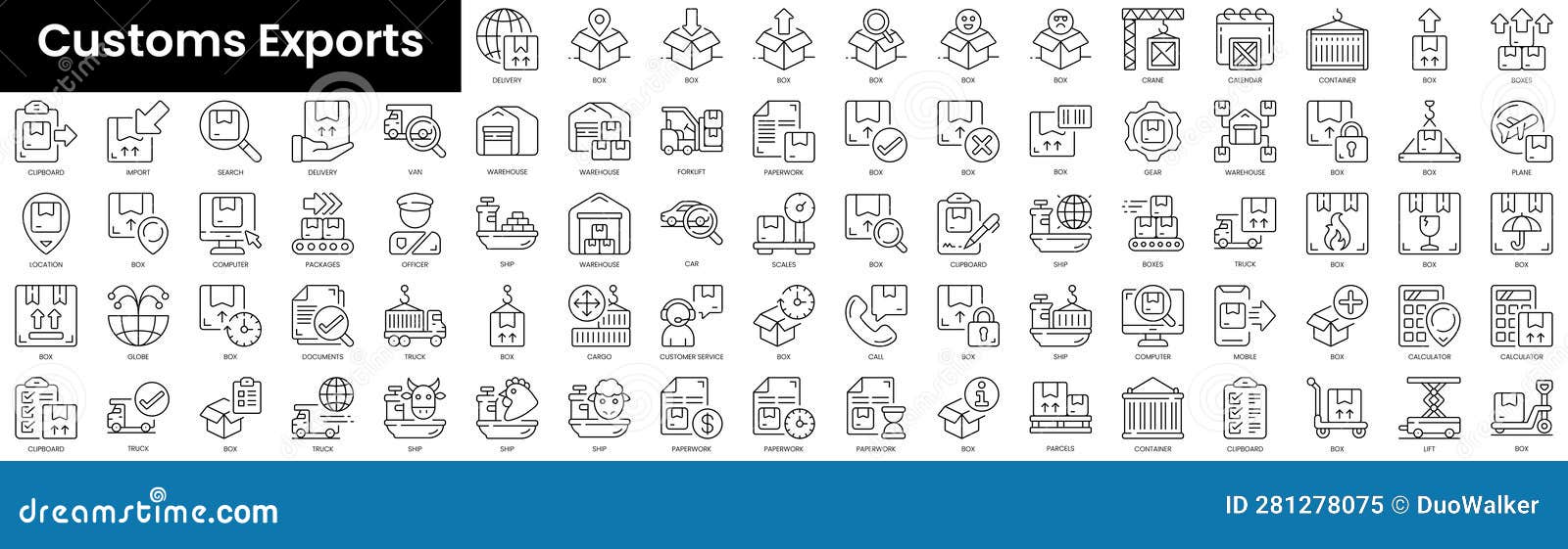 set of outline customs exports icons. minimalist thin linear web icon set.  