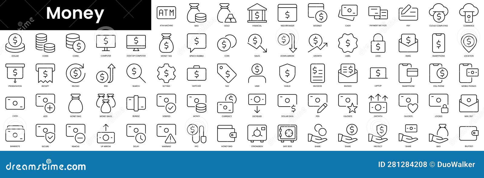 Set of Outline Money Icons. Minimalist Thin Linear Web Icon Set Stock ...