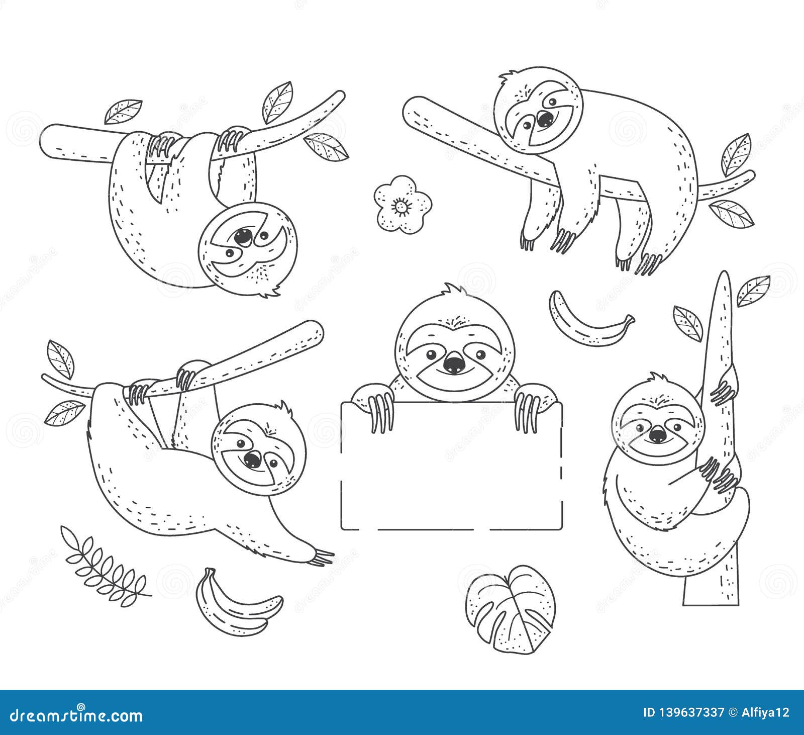 Download Set Of Outline Sloth Sitting On A Branch. Coloring Pages ...