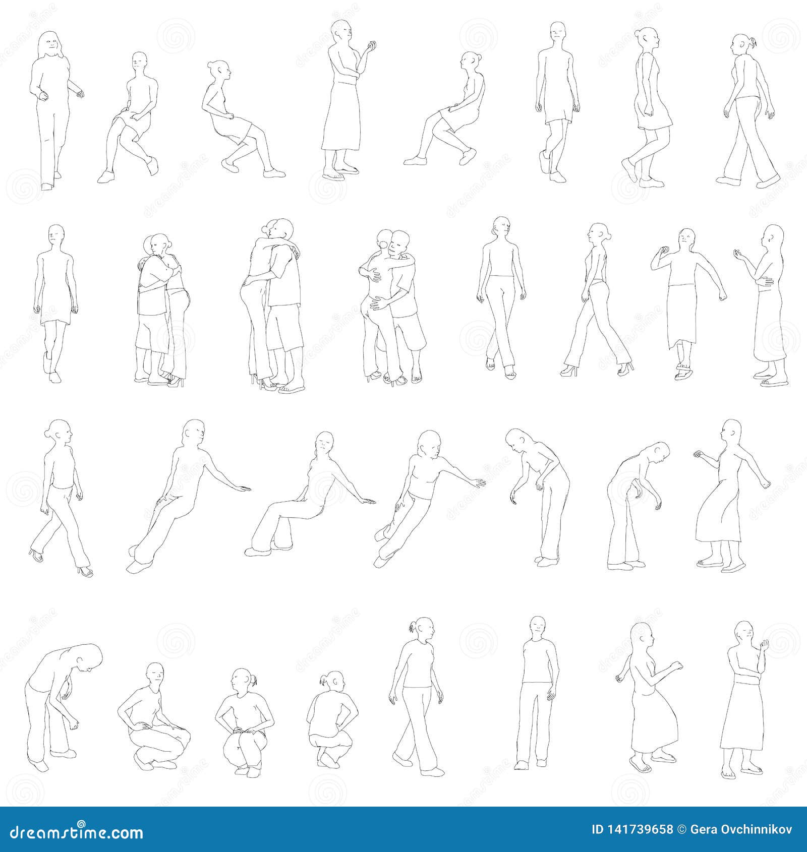 set with outlines of people in different positions. the outlines of people sit, stand, go.  