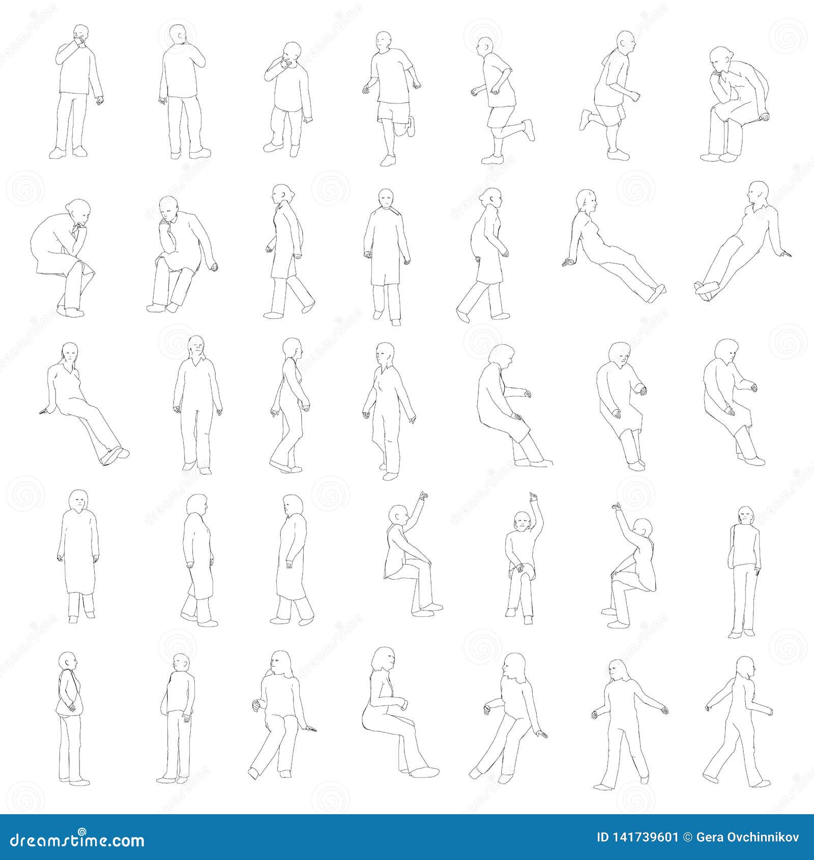 set with outlines of people in different positions. the outlines of people sit, stand, go.  