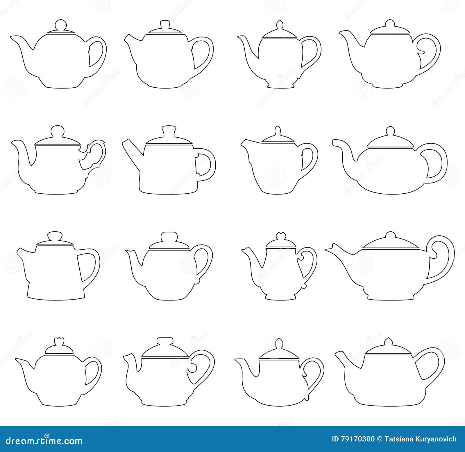 Set of Outlines of Teapots, Vector Illustration Stock Vector