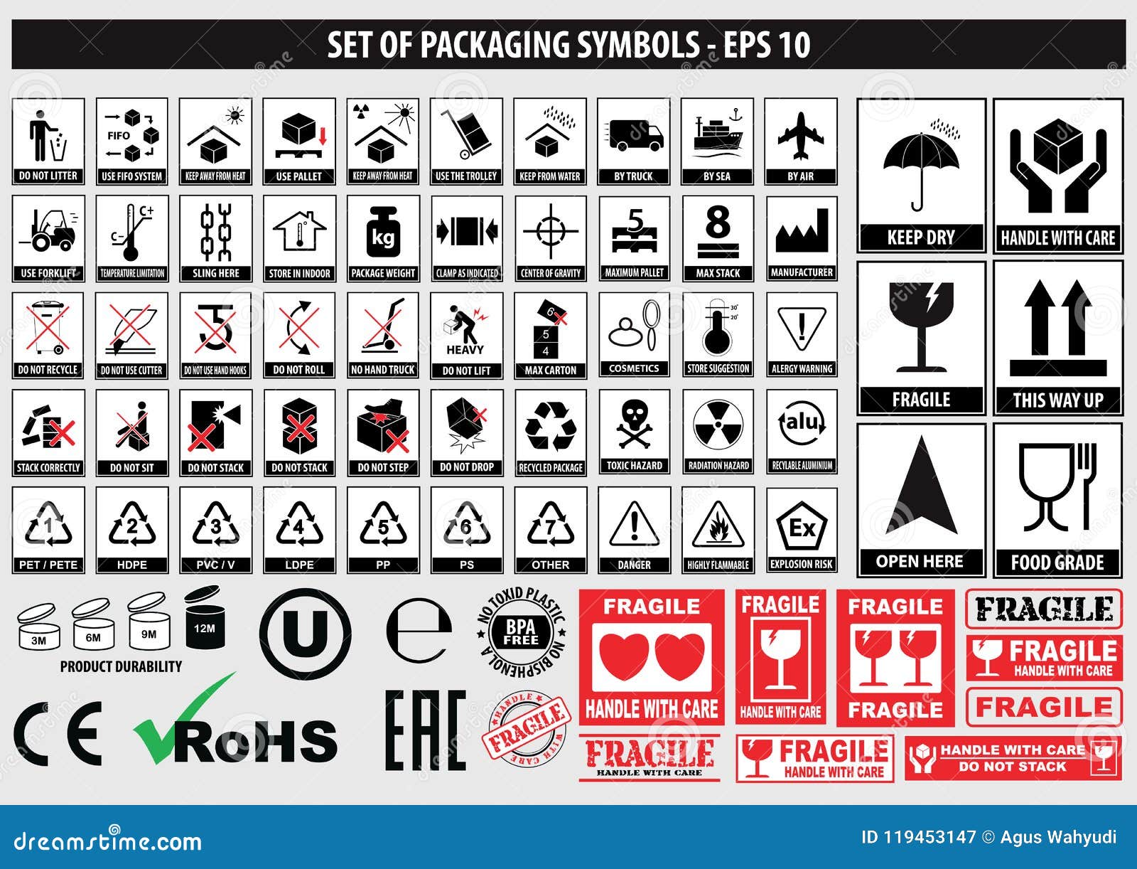 set of packaging s, fcc,rohs,tableware, plastic, fragile s, cardboard s