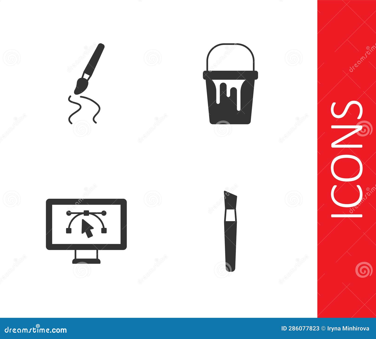 Set Paint Brush, Computer with Design Program and Bucket Icon. Vector