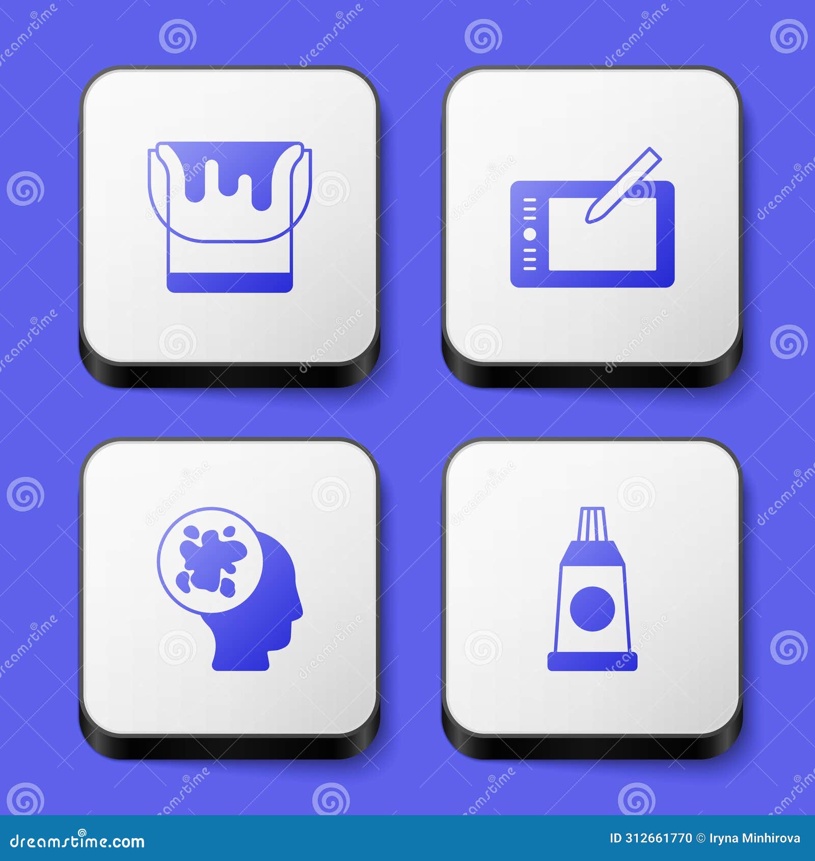 set paint bucket, graphic tablet, spray and tube with paint palette icon. white square button. 