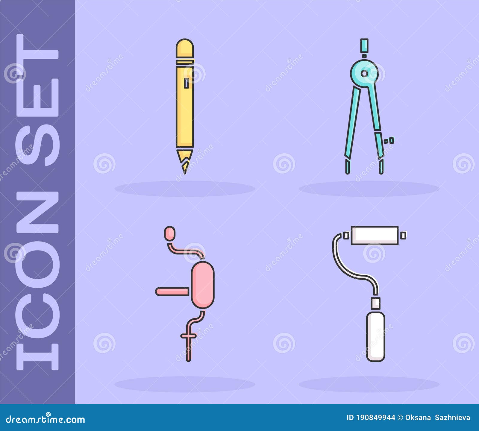 Set Paint Roller Brush, Pencil with Eraser, Hand Drill and Drawing