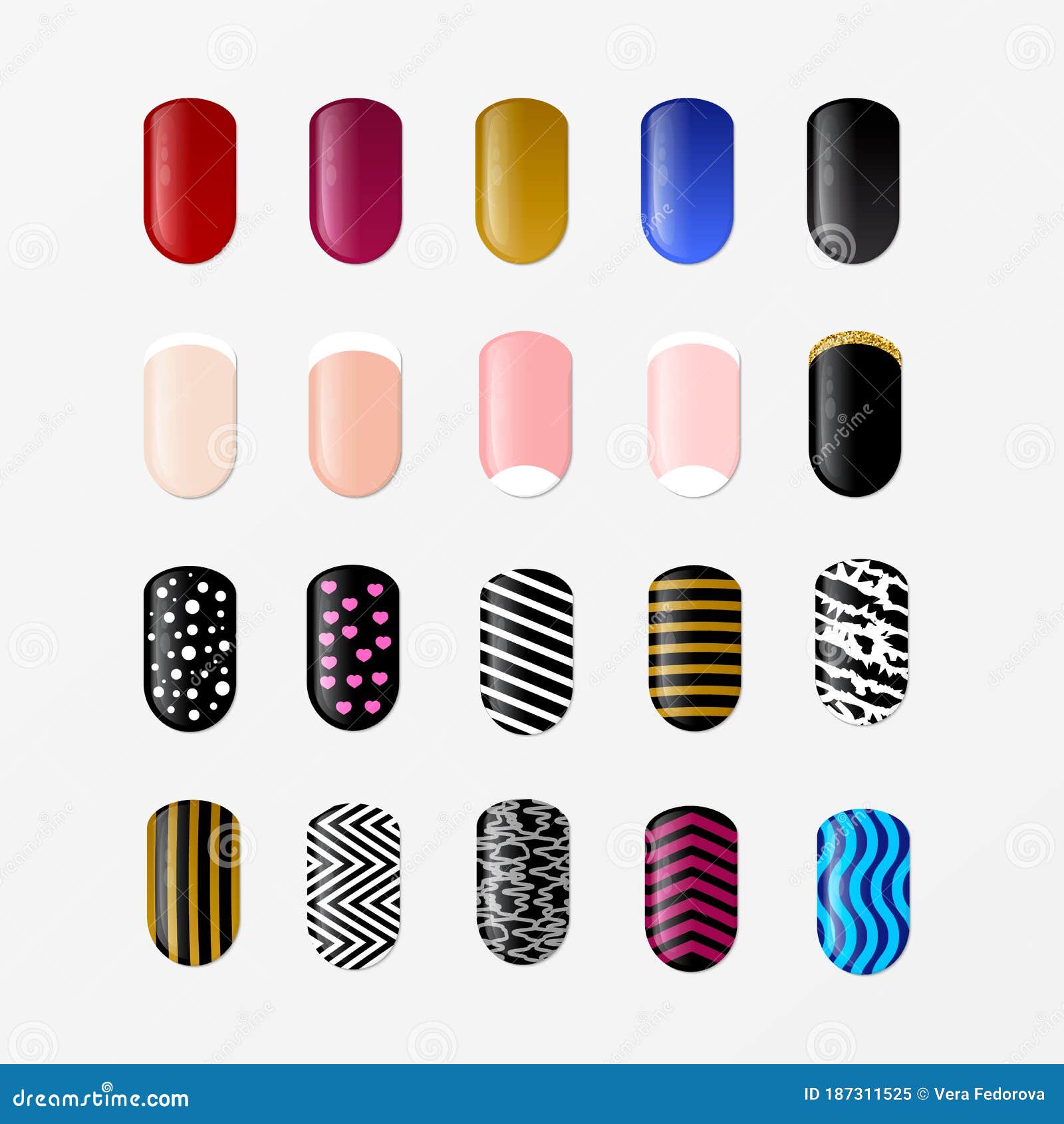 Set of 25 Painted Nail Tips Isolated on White. Nail Art Design Concept.  Different Ideas for DIY Manicure and Pedicure. Vector Stock Vector -  Illustration of beauty, glamour: 187311525
