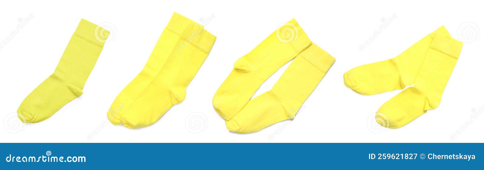 Set with Pairs of Yellow Socks on White Background, Top View. Banner