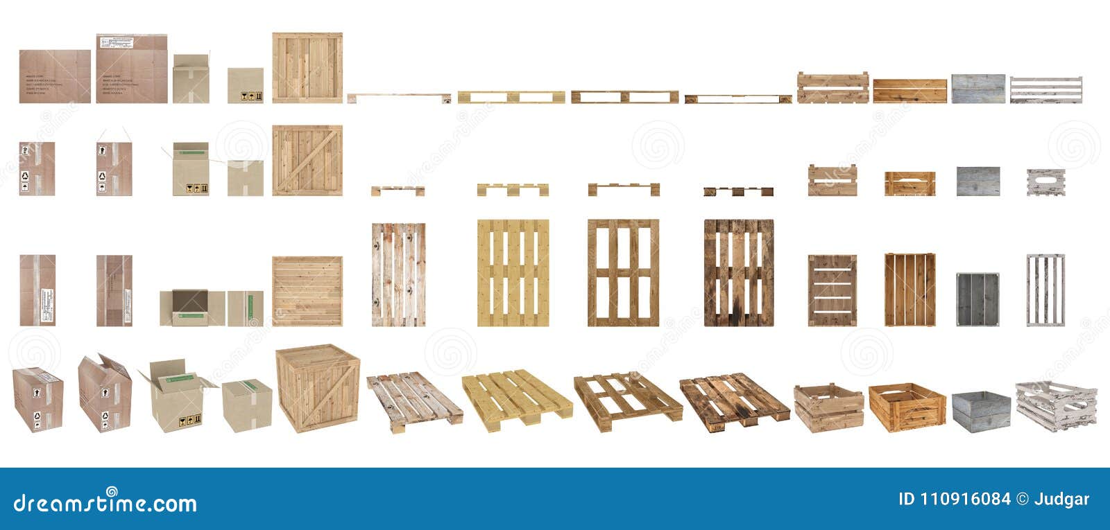 Download A Set Of Pallets, Boxes And Cartons. Top View, Side View, Front View And Perspective. Isolated ...