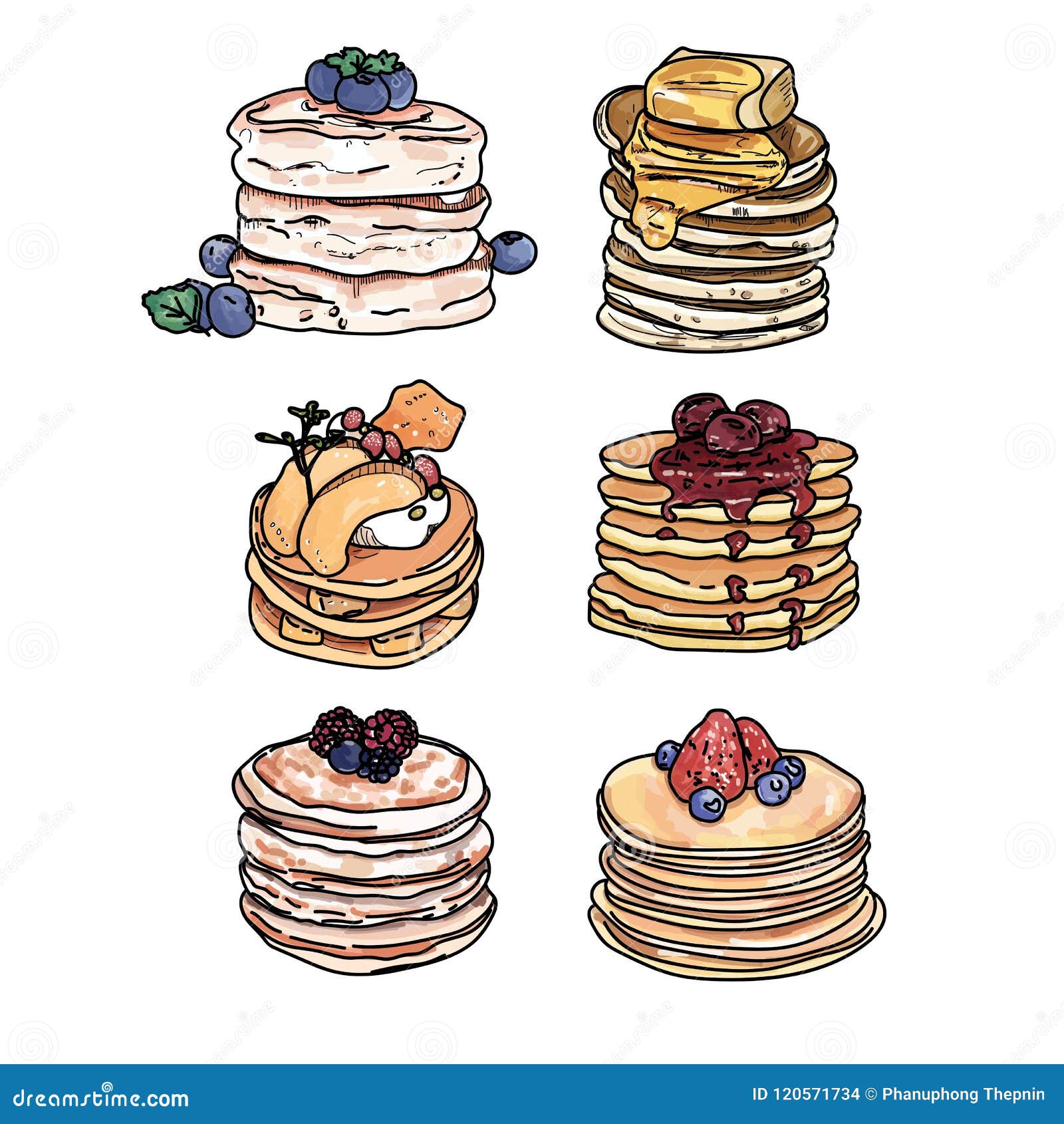 Set of Pancakes with Different Toppings. Stock Vector Illustration of