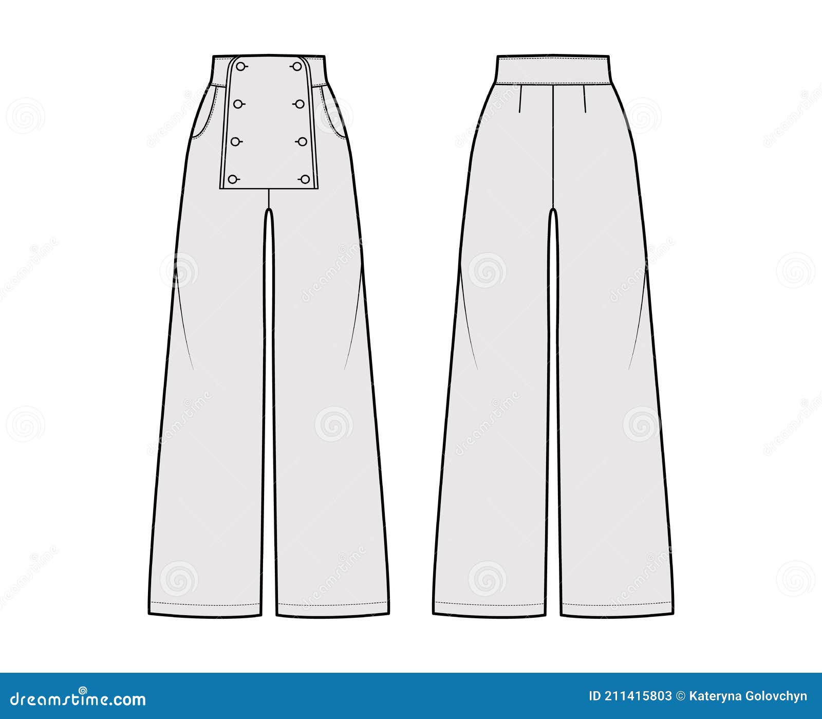 Set of Pants Sailor Technical Fashion Illustration with Normal Waist ...