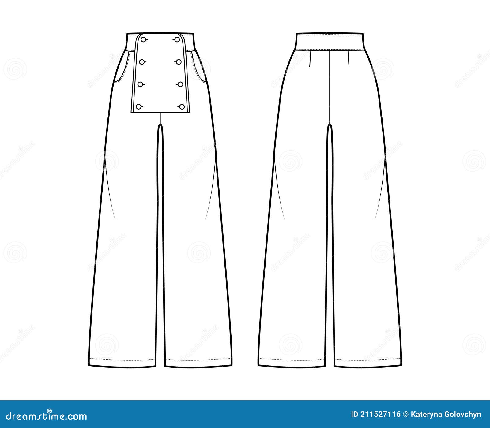 Set of Pants Sailor Technical Fashion Illustration with Normal Waist ...