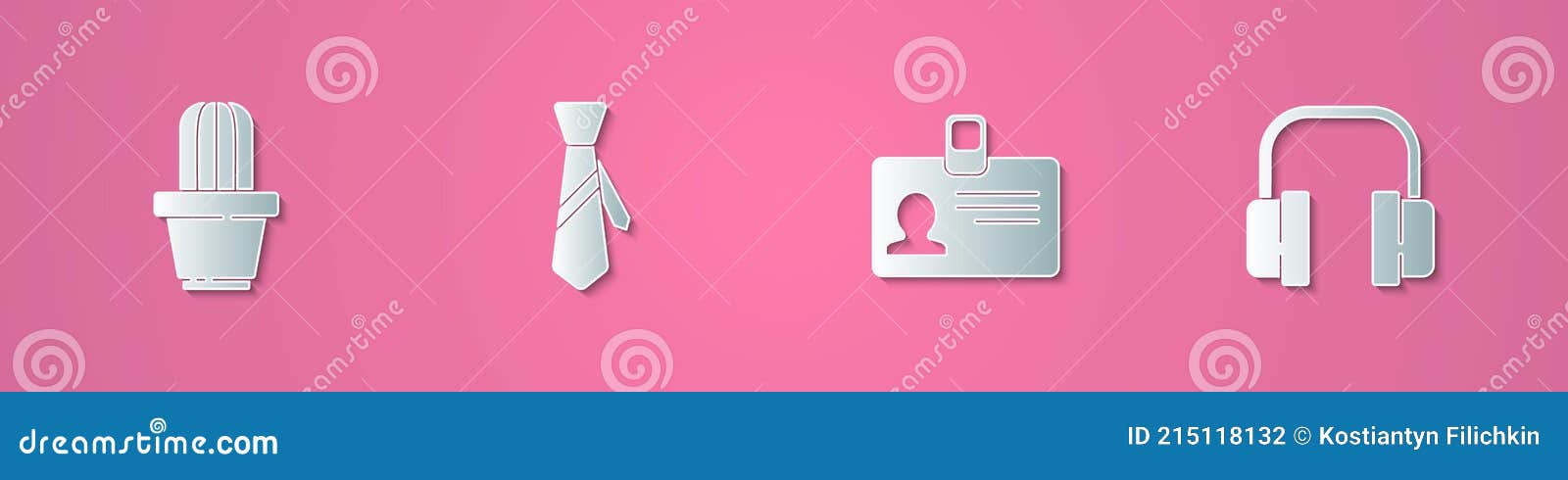 set paper cut cactus and succulent in pot, tie, identification badge and headphones icon. paper art style. 