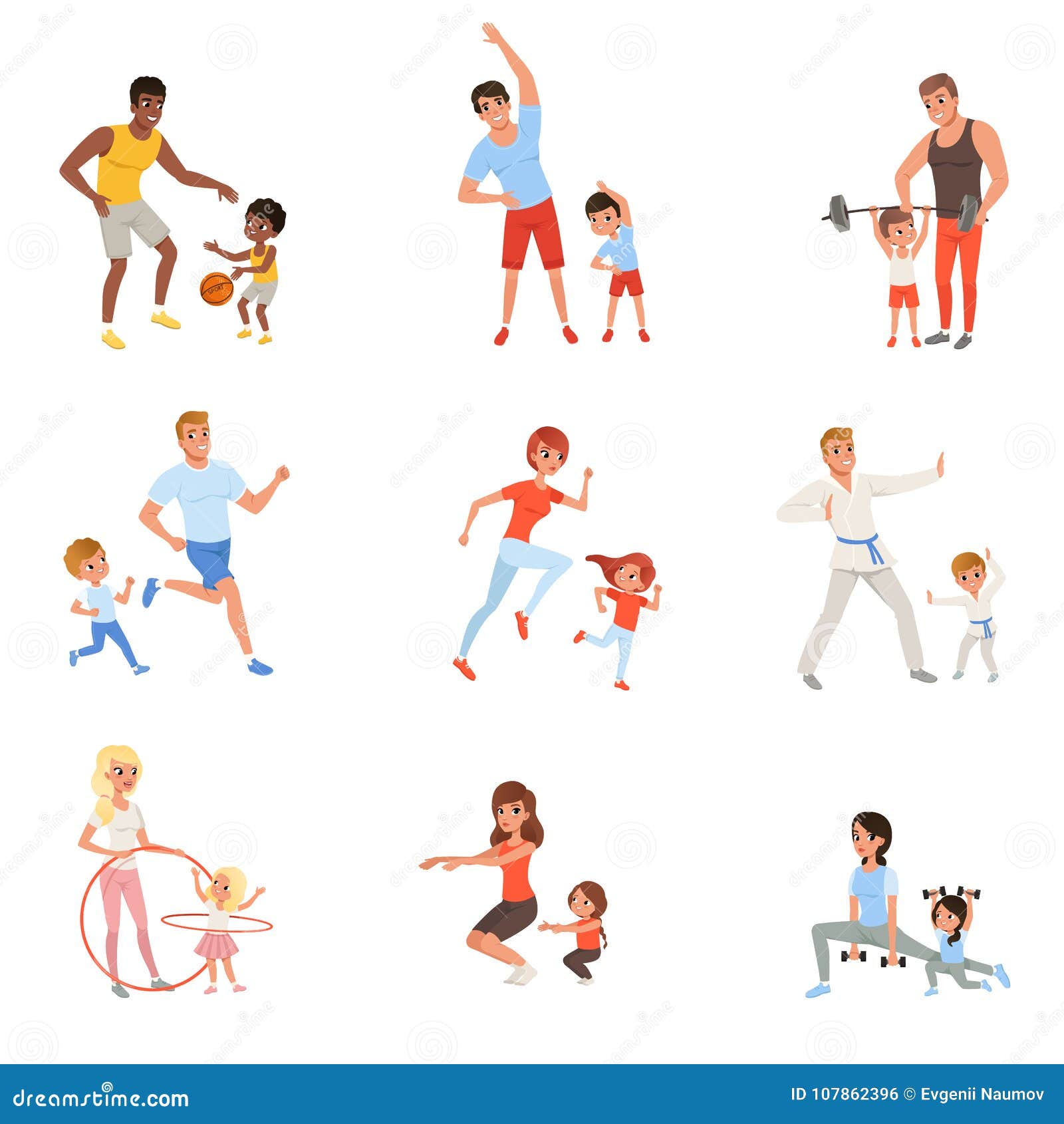 Set with Parents and Their Children Doing Different Sport Exercises. Family  Time. Physical Activity and Healthy Stock Vector - Illustration of human,  comic: 107862396