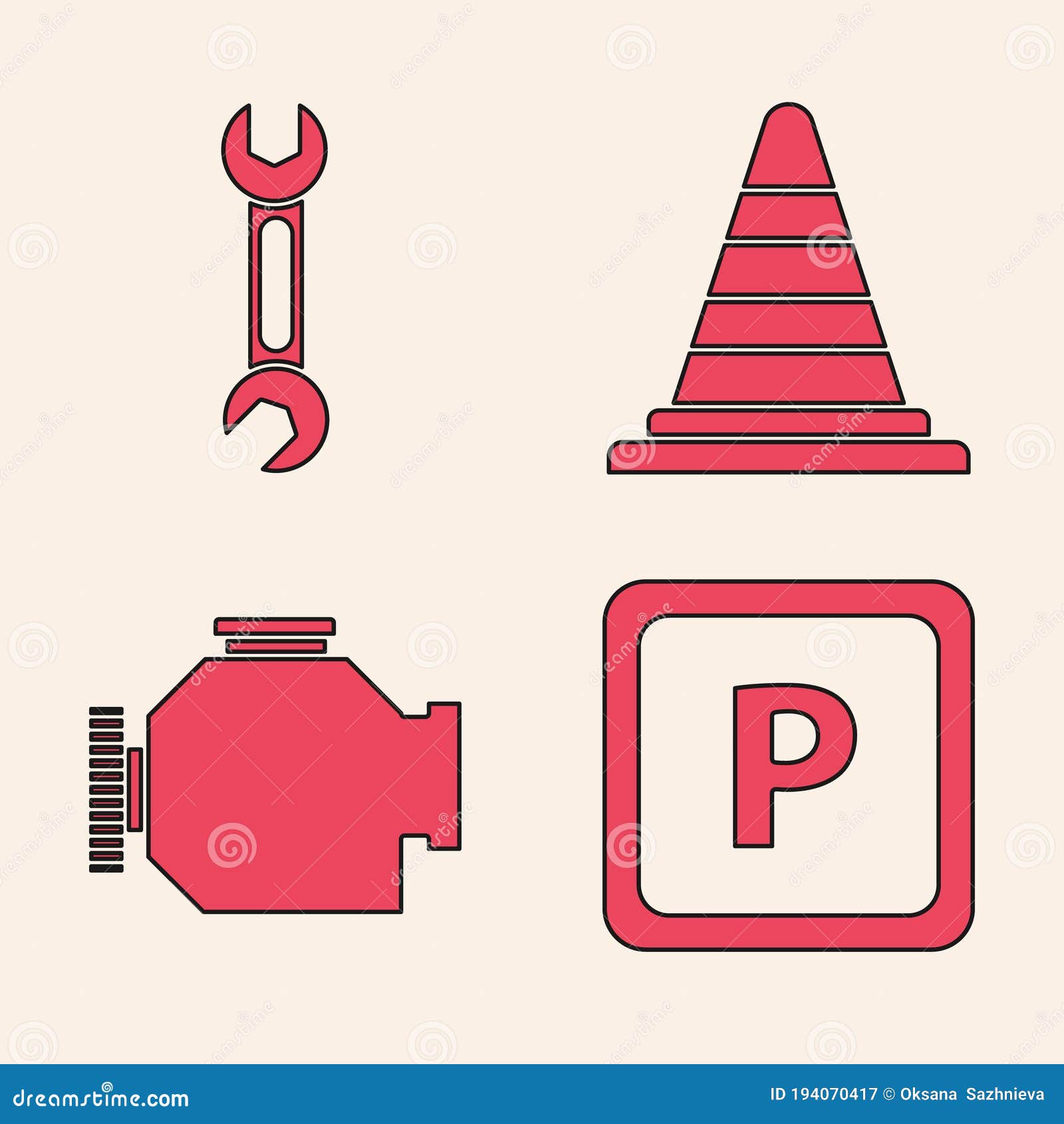 Set Parking, Wrench, Traffic Cone and Check Engine Icon. Vector Stock
