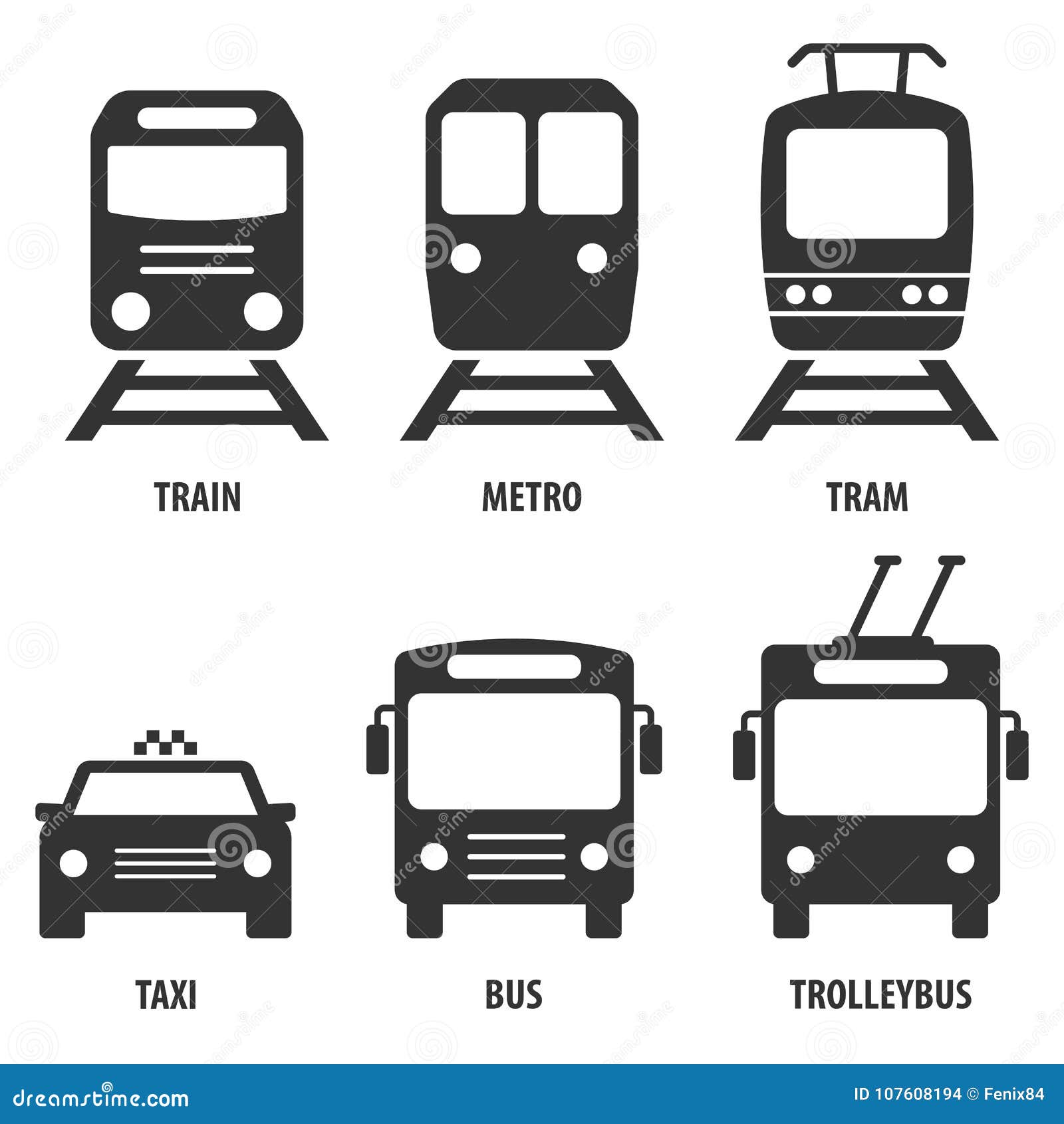 set of passenger transport  icons: train, metro, bus, trolleybus, taxi. black s  on white. signs for public