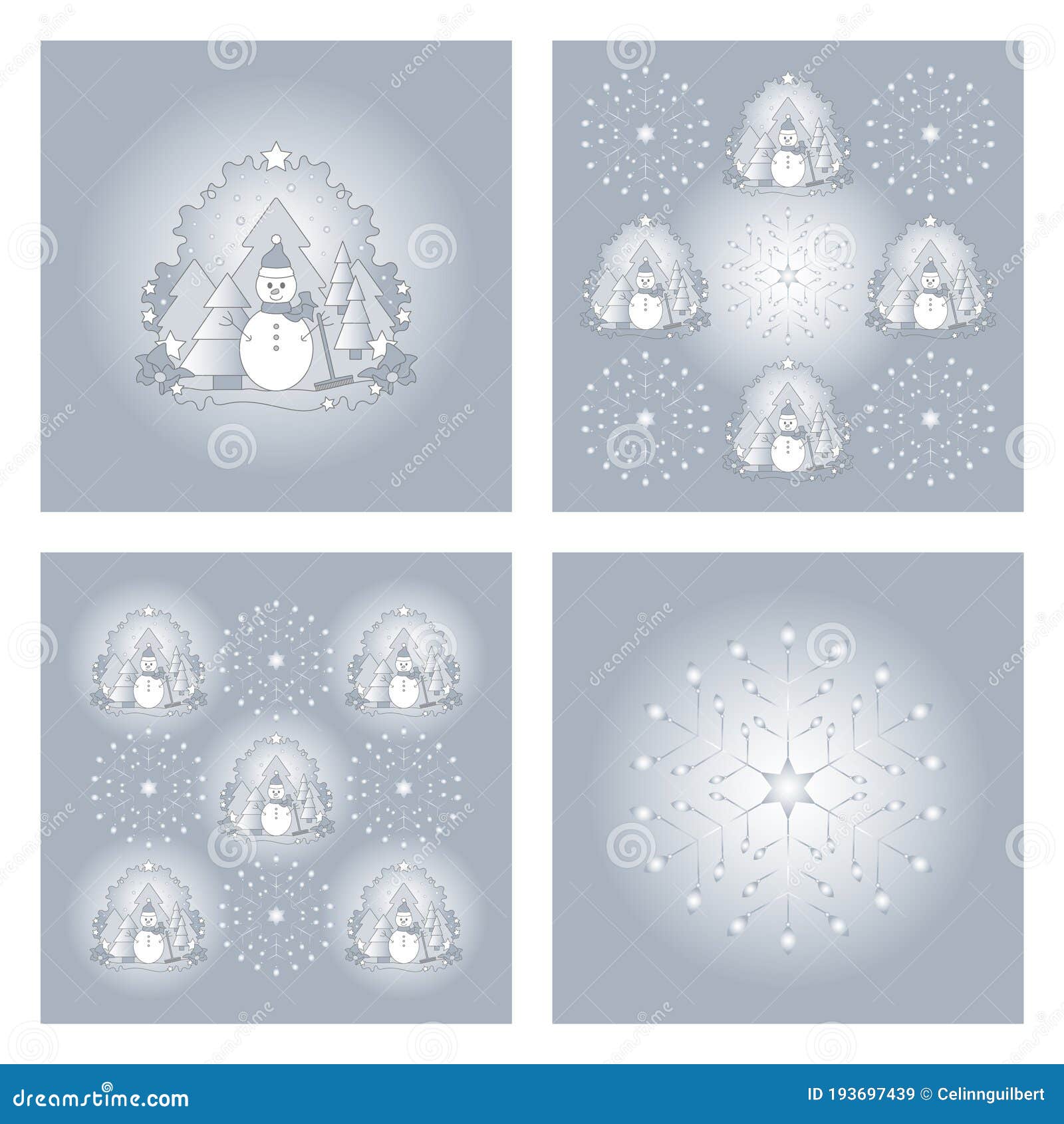 set of patterns christmas theme. snowman, fir forest, falling snow, star and flake. white and blue.