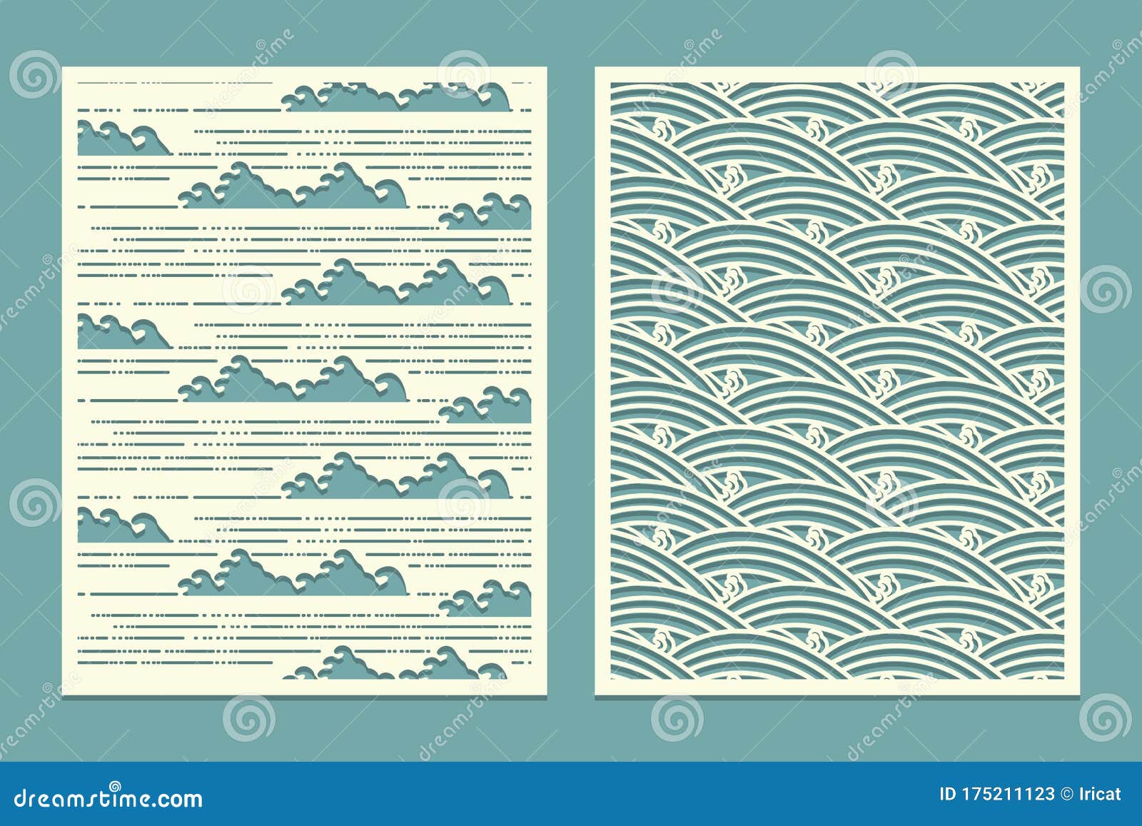 set template for cutting. patterns marine waves. oriental style scenery metal cutting or wood carving, panel , stencil for