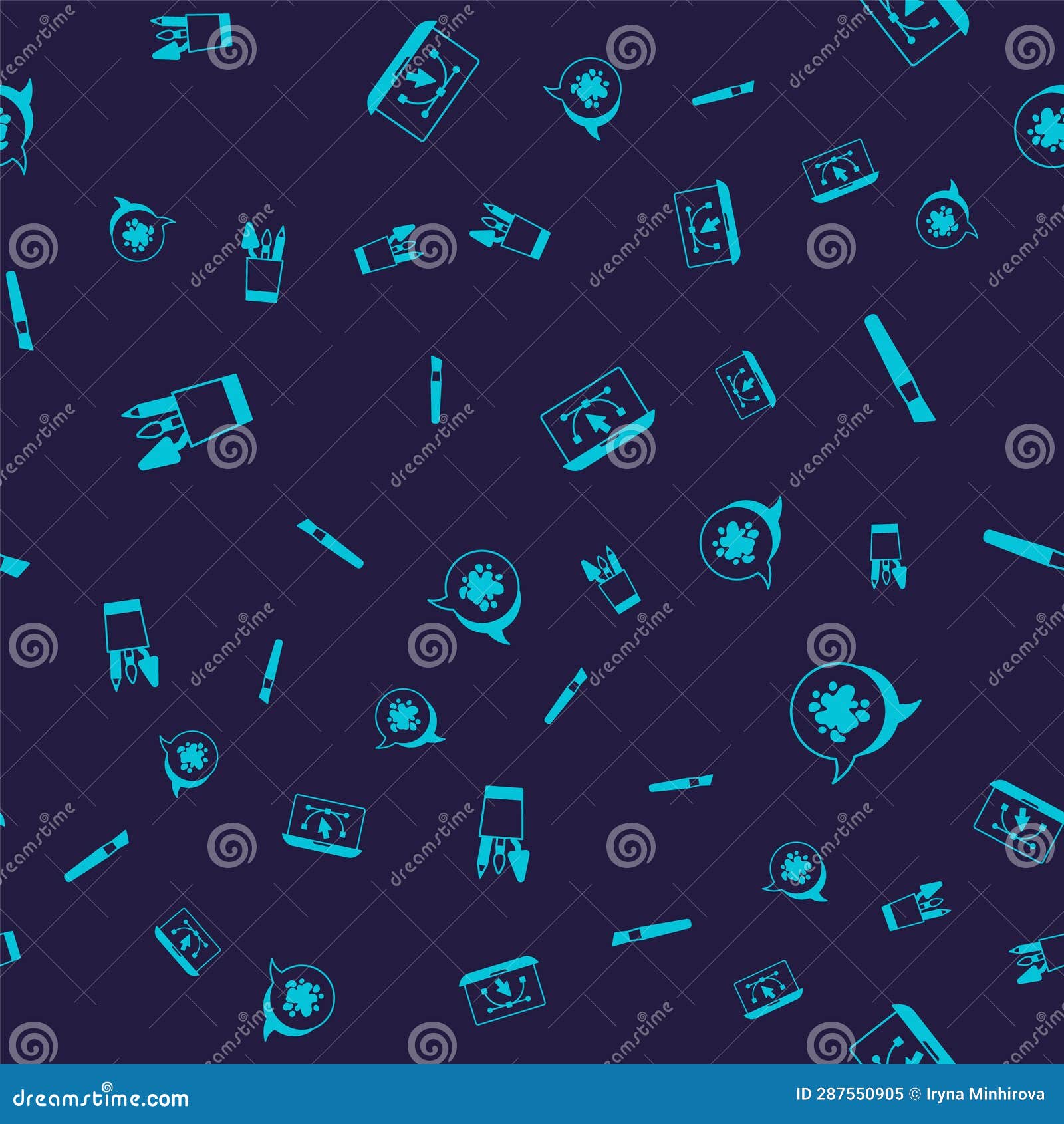 Set Pencil Case Stationery, Paint Brush, Computer with Design Program and Spray on Seamless