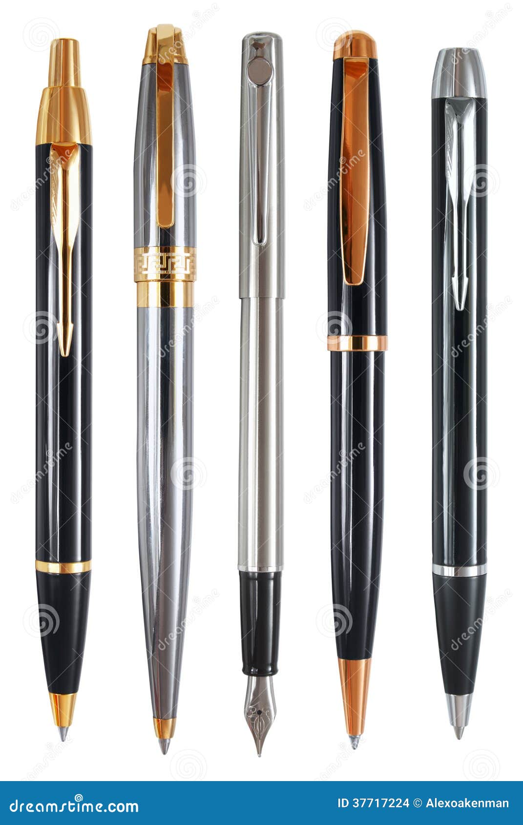 Set of pens with clipping paths. Set of prestigious pens captured from the side of pocket clips. Clipping paths included.