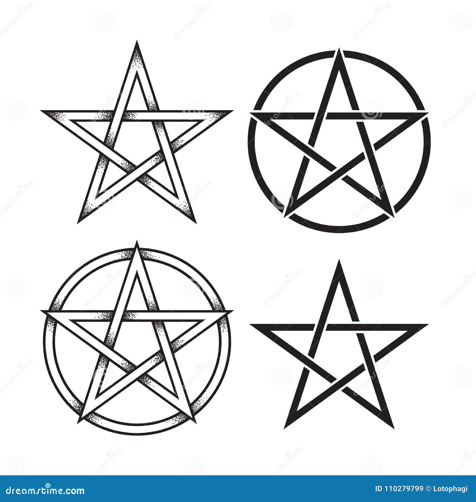 set of pentagram or pentalpha or pentangle. hand drawn dot work ancient pagan  of five-pointed star   illustra