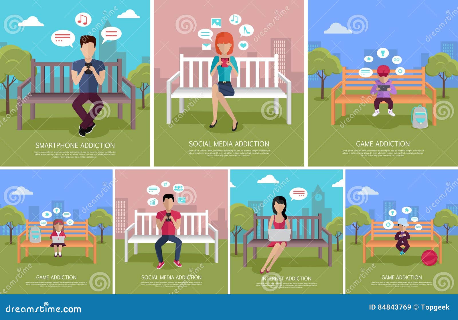 Set of People`s Modern Addictions Concept Vectors. Collection of internet, game, social media, smartphone addictions concepts. Vector in flat design. People characters seating on bench in city park with mobile devices in hands. Online communication.