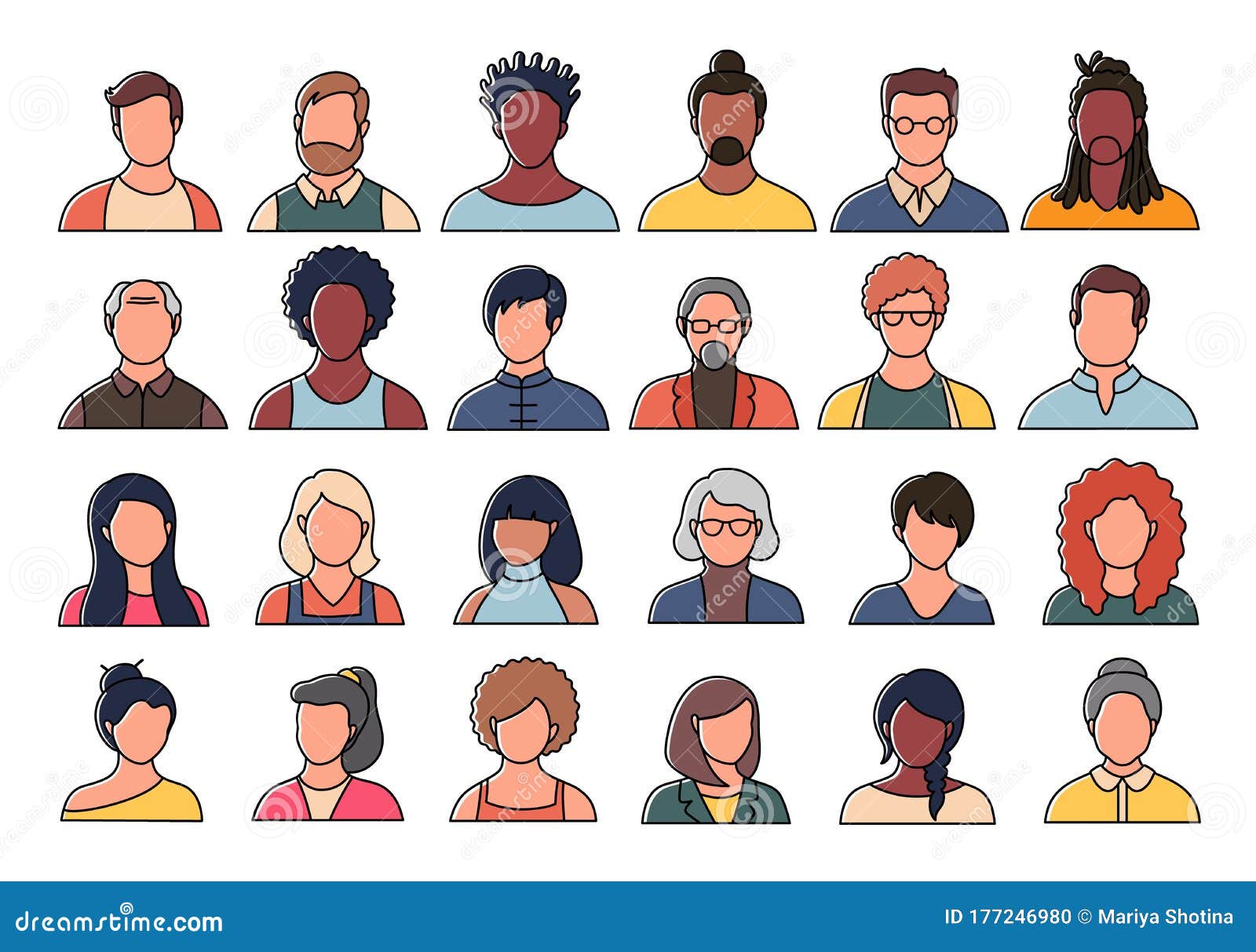 set of persons, avatars, people heads of different ethnicity and age in flat style. multi nationality social networks