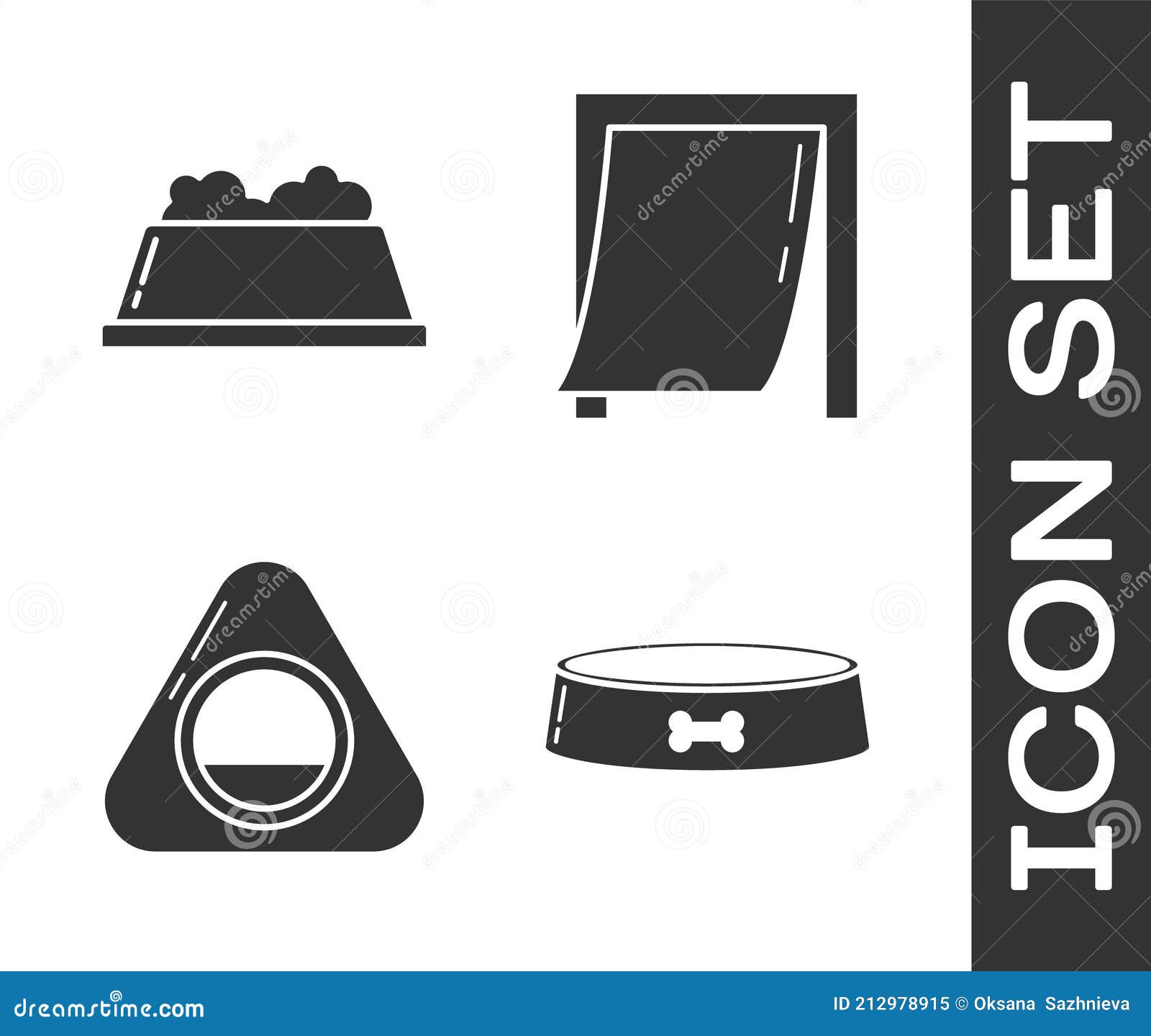 Set Pet Food Bowl, Pet Food Bowl, Pet Bed and Door for Pet Icon. Vector Stock Vector