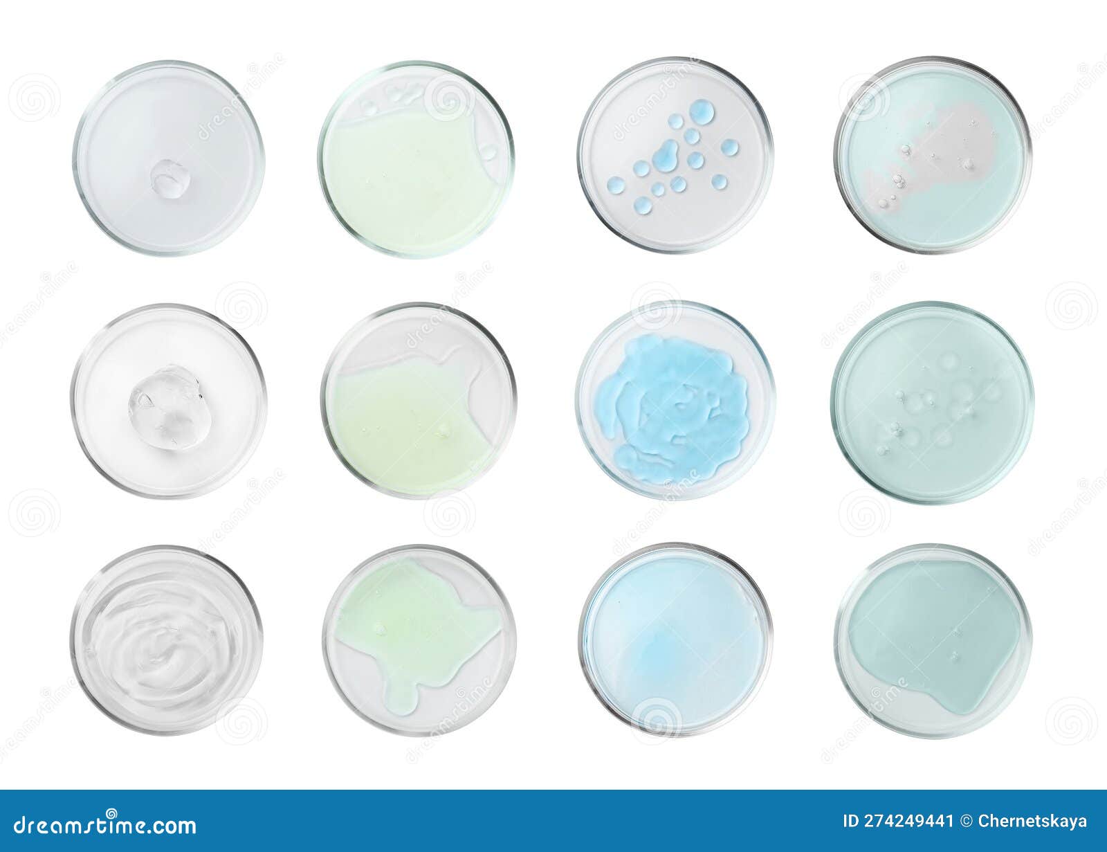 Set of Petri Dishes with Liquid Samples Isolated on White, Top View