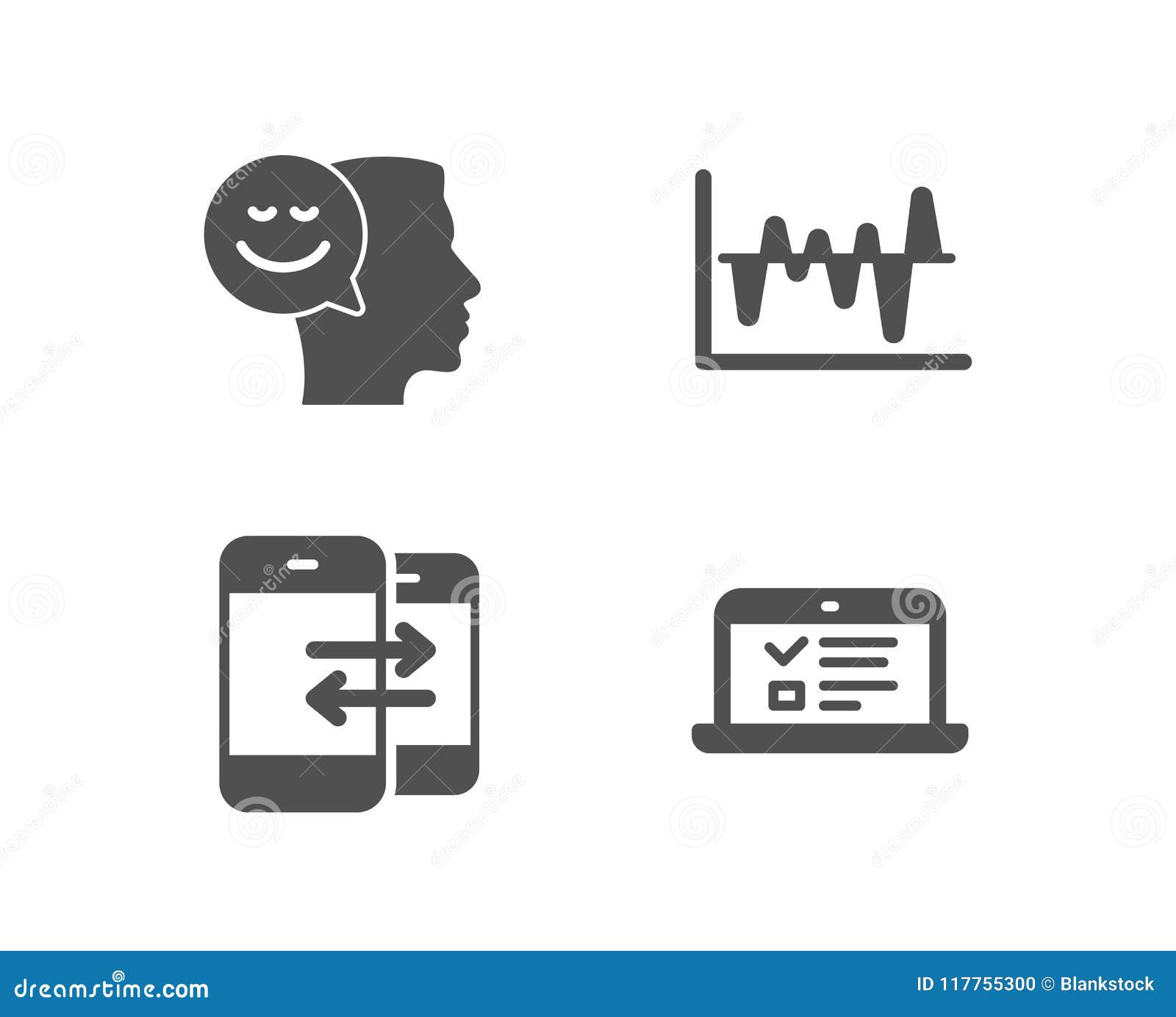 phone communication, stock analysis and good mood icons. web lectures sign.