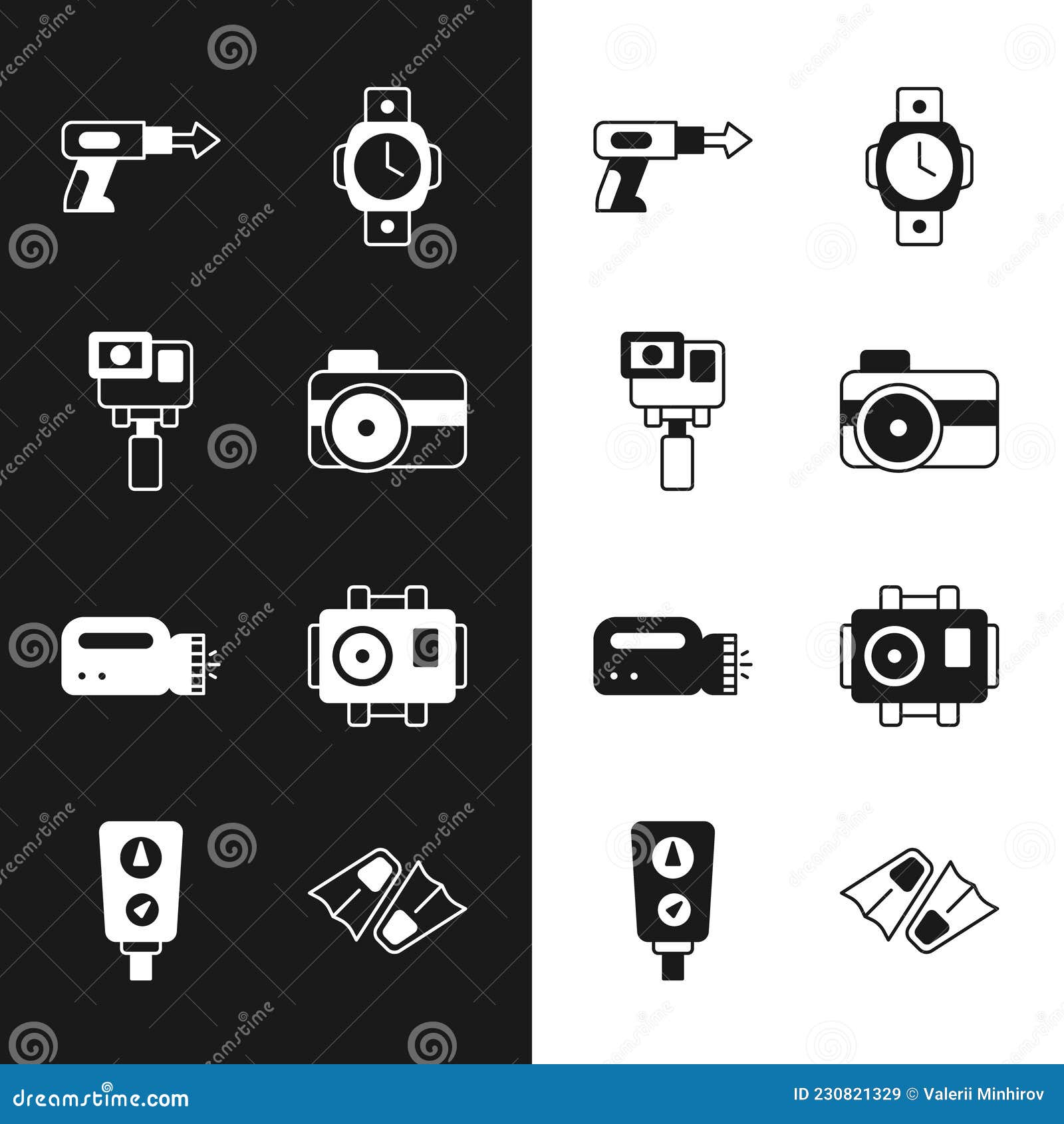 Set Photo Camera for Diver, Action Extreme, Fishing Harpoon, Diving Watch,  Flashlight, Flippers Swimming and Gauge Scale Stock Vector - Illustration  of arrow, black: 230821329