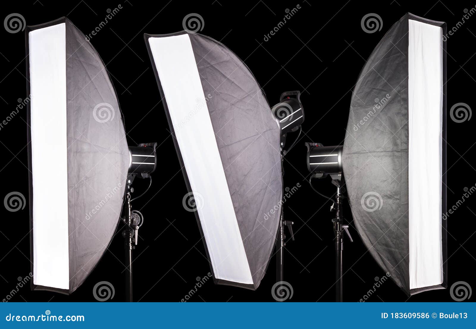 Set of Photography Studio Flash with Softbox Isolated on Black