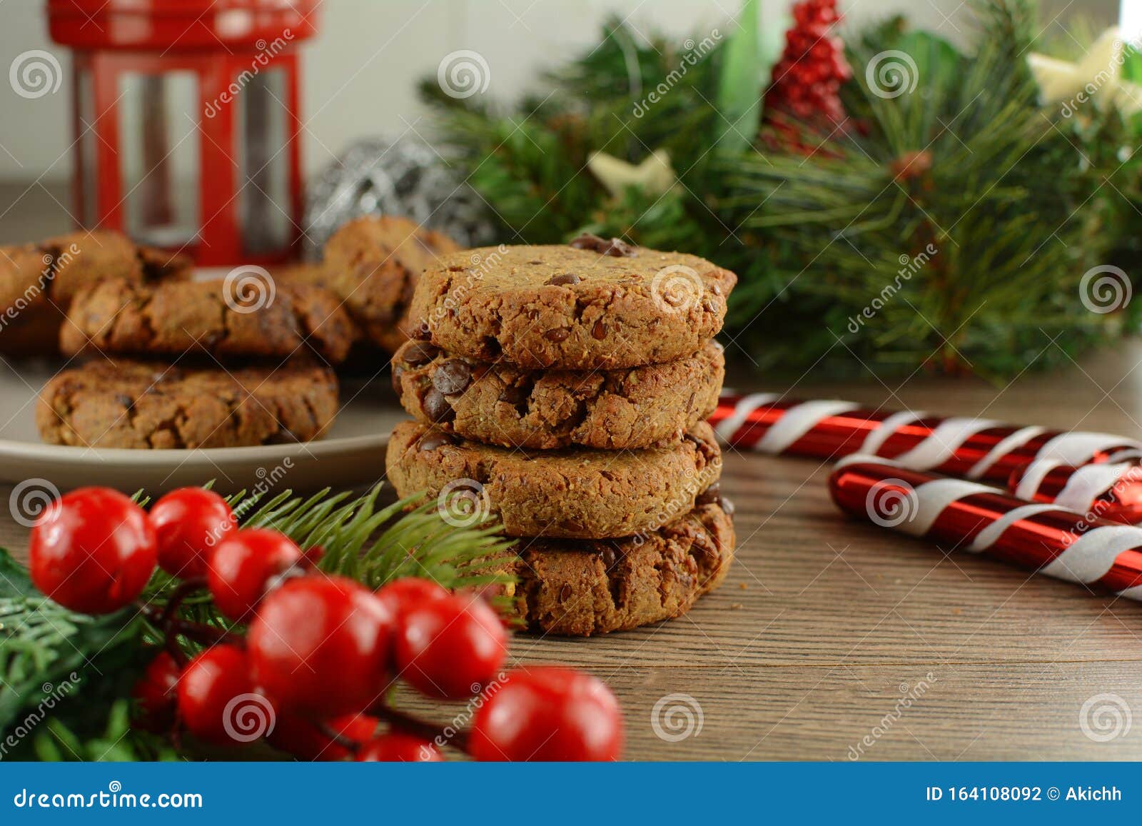 Healthy Sugar Free Low Carb Keto Diet Chocolate Chip Cookies With Christmas Decorations Stock Photo Image Of Dessert Healthy 164108092