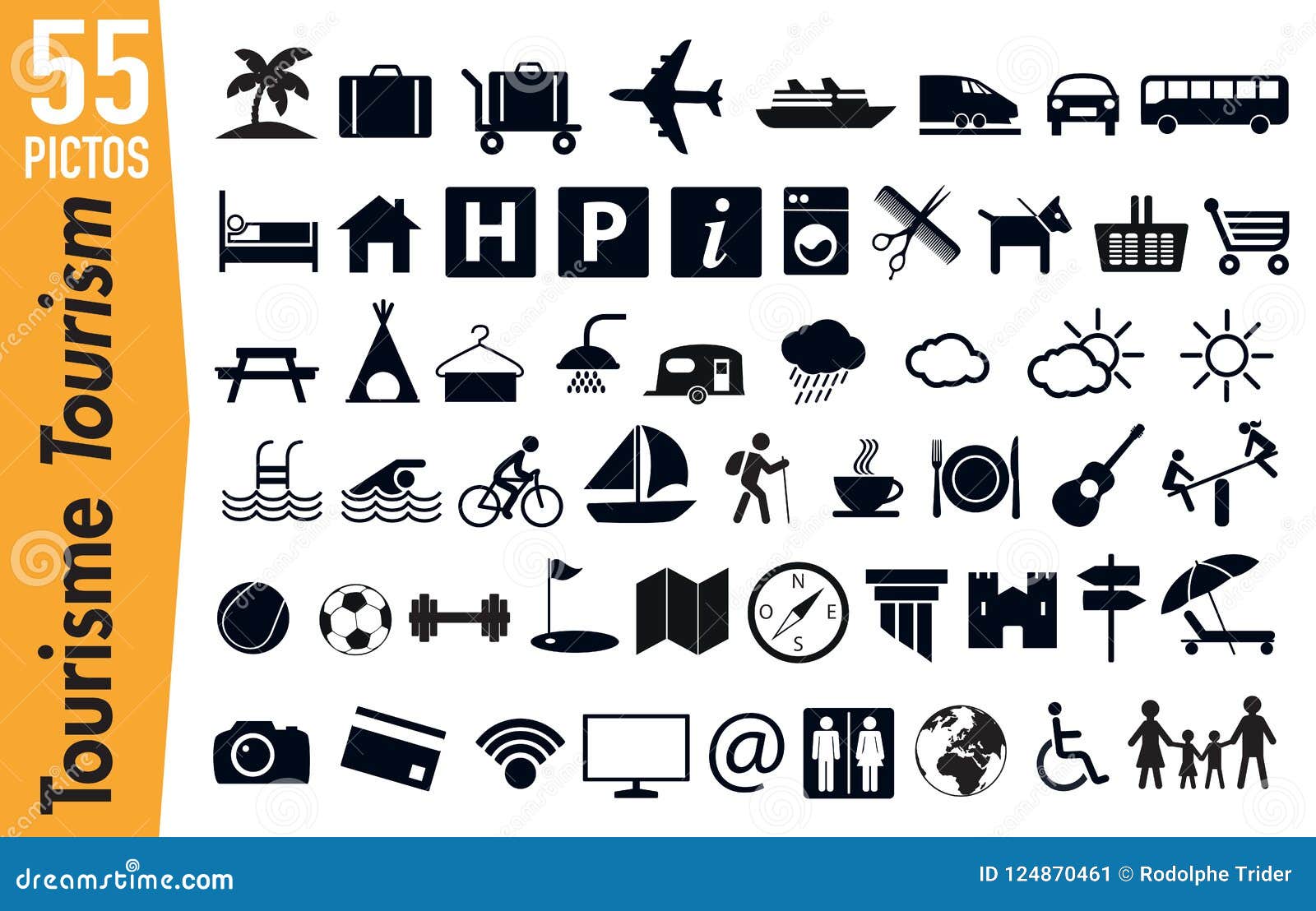 55 signage pictograms on tourism and holidays