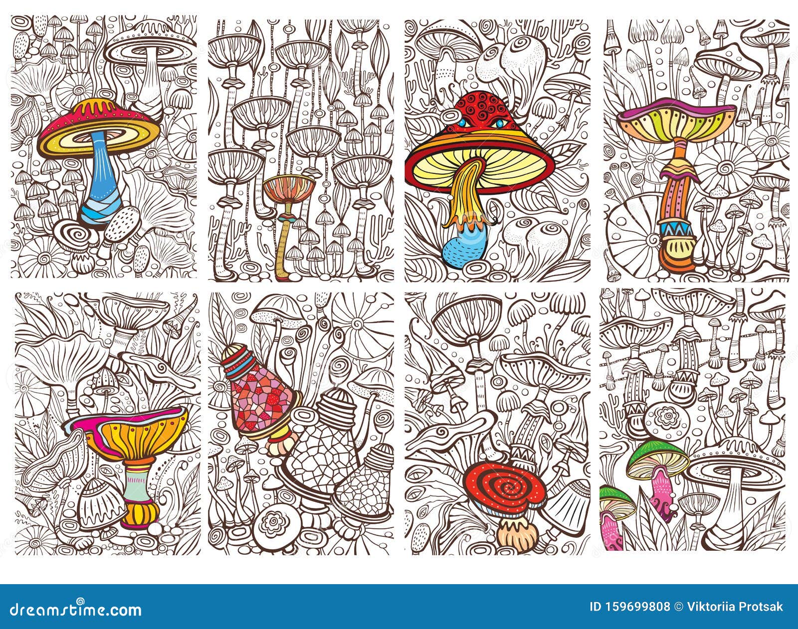 Set Of Pictures With Mushrooms Antistress Sketch Drawing Stock