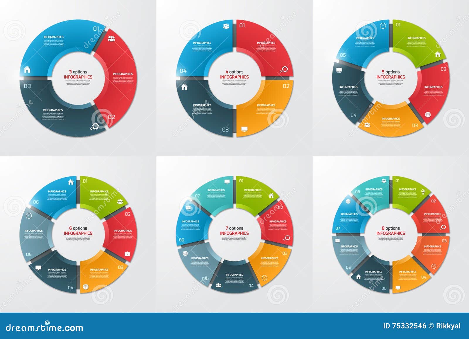set of pie chart circle infographic templates with 3-8 options.
