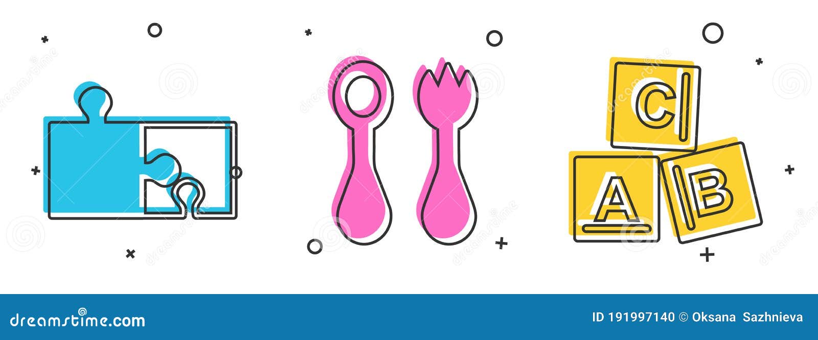 Set Piece of Puzzle, Baby Cutlery with Fork and Spoon and ABC Blocks Icon. Vector Stock Vector