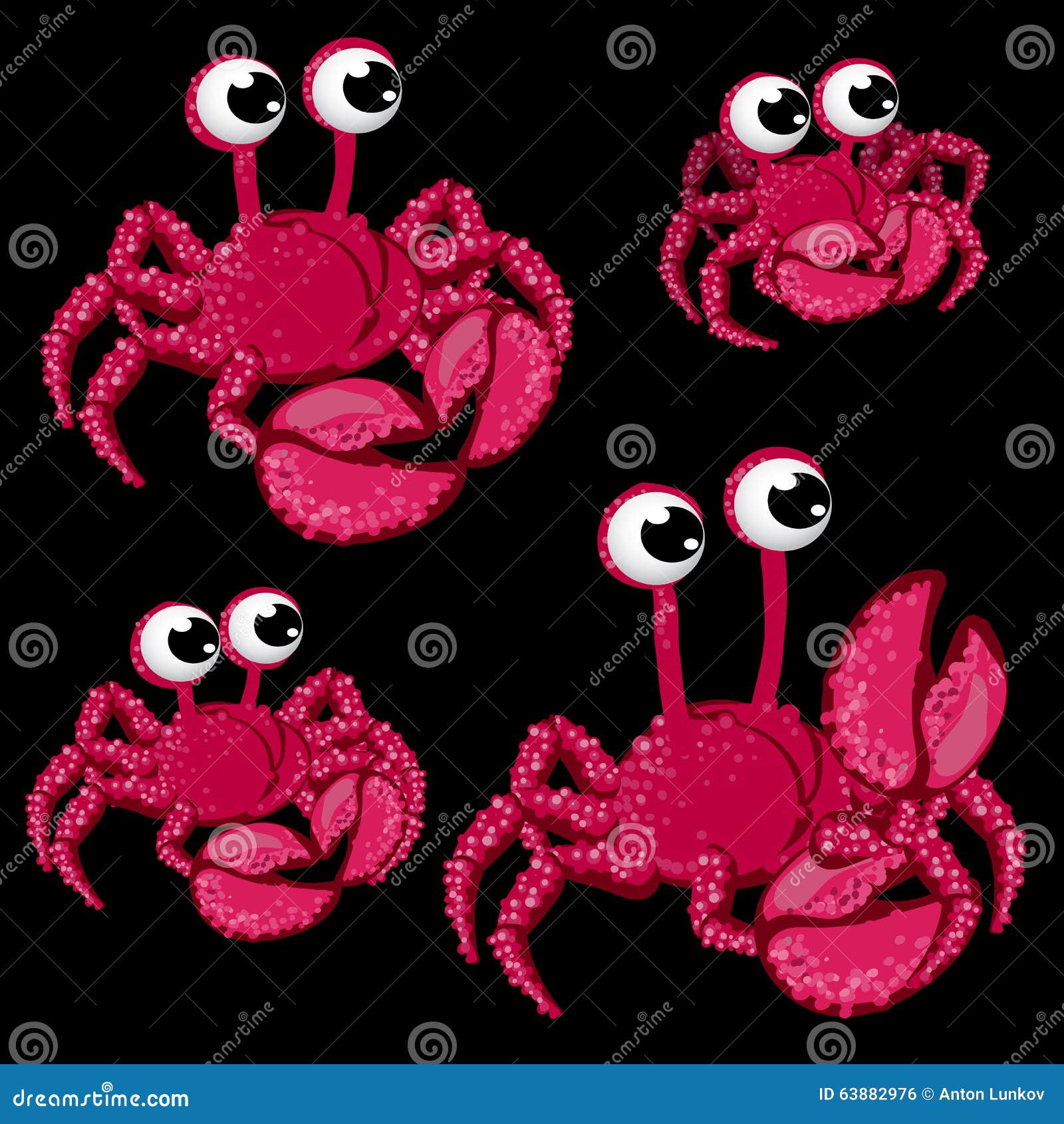 Set Pink Crabs With Big Eyes On Black Background Stock Vector