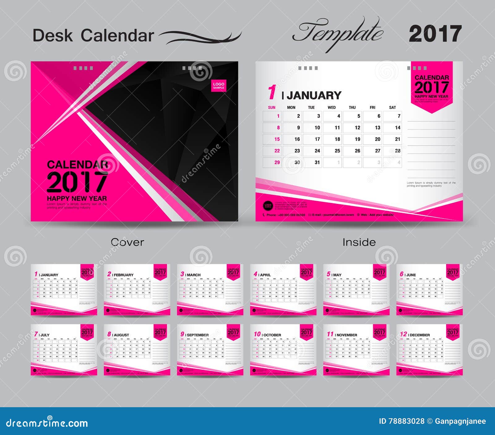 Set Pink Desk Calendar 2017 Template Design Cover Desk Calendar