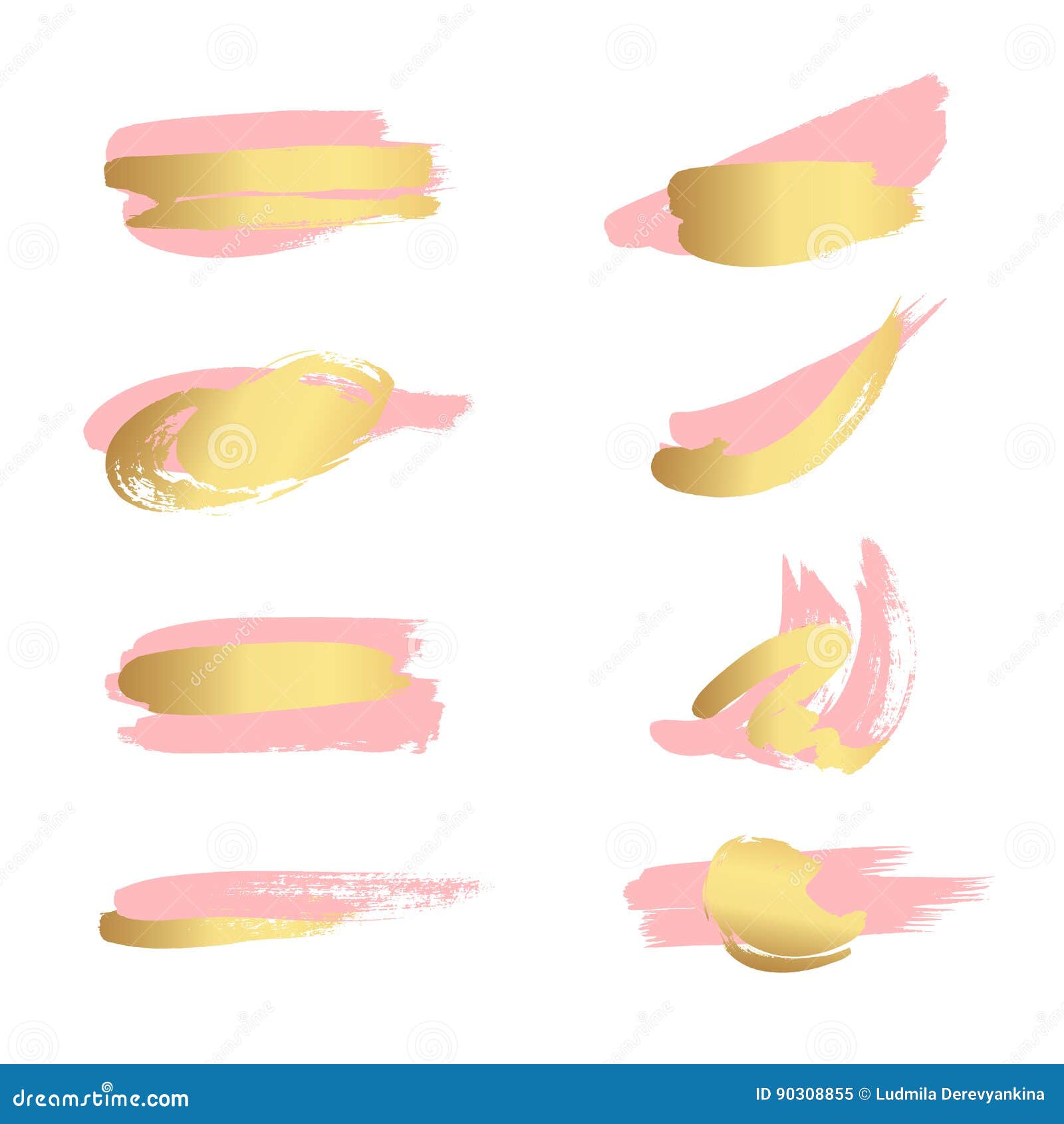 Set of Pink and Gold Paint, Ink Brush Strokes, Brushes, Lines. Stock