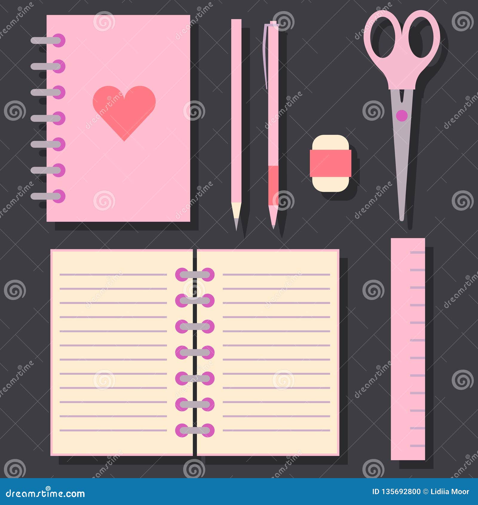 A Set of Pink Office Supplies Stock Vector Illustration of business, notebook 135692800