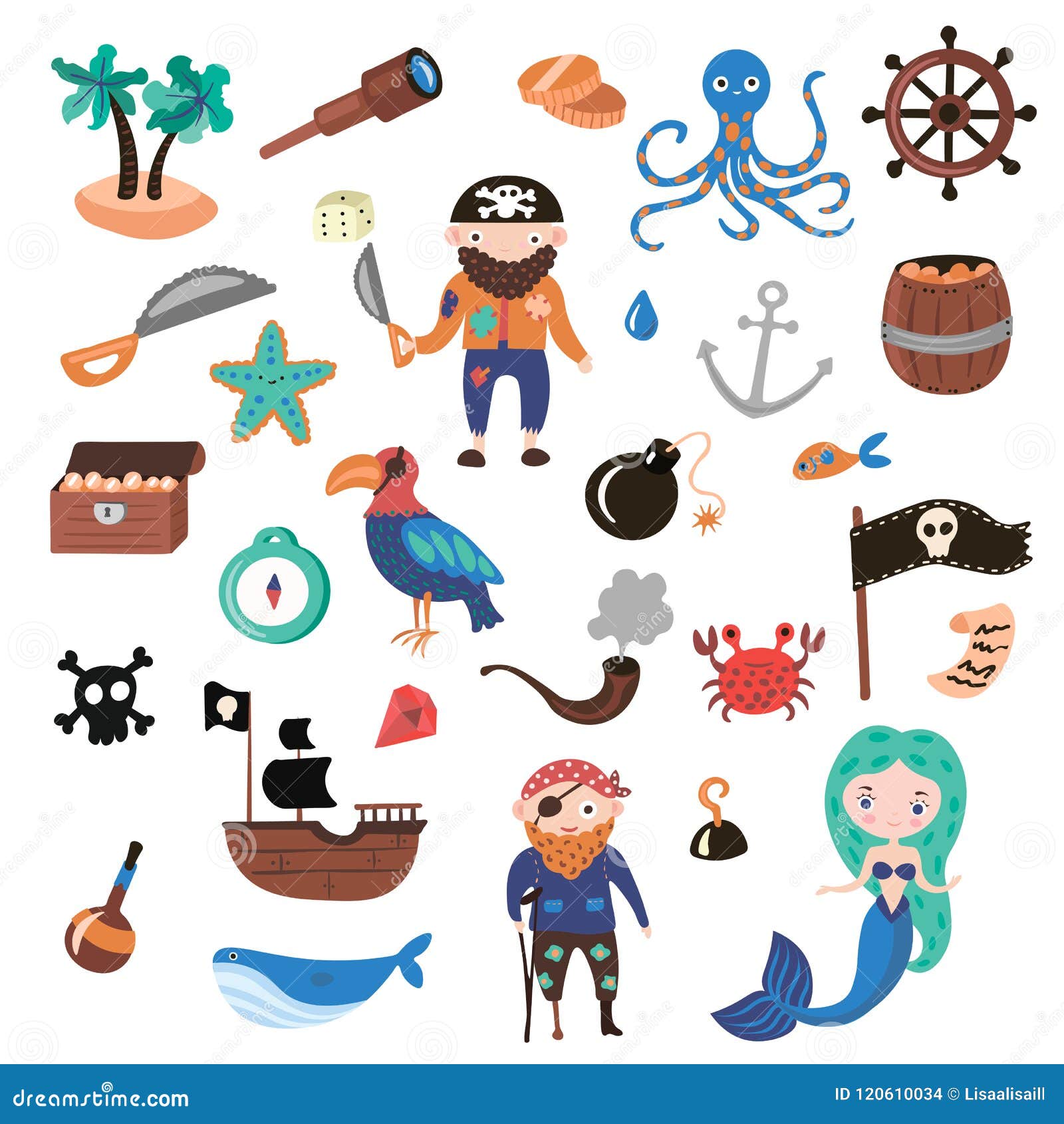 set of pirates  cartoon objects. adventures and pirate party for kindergarten. children adventure, treasure