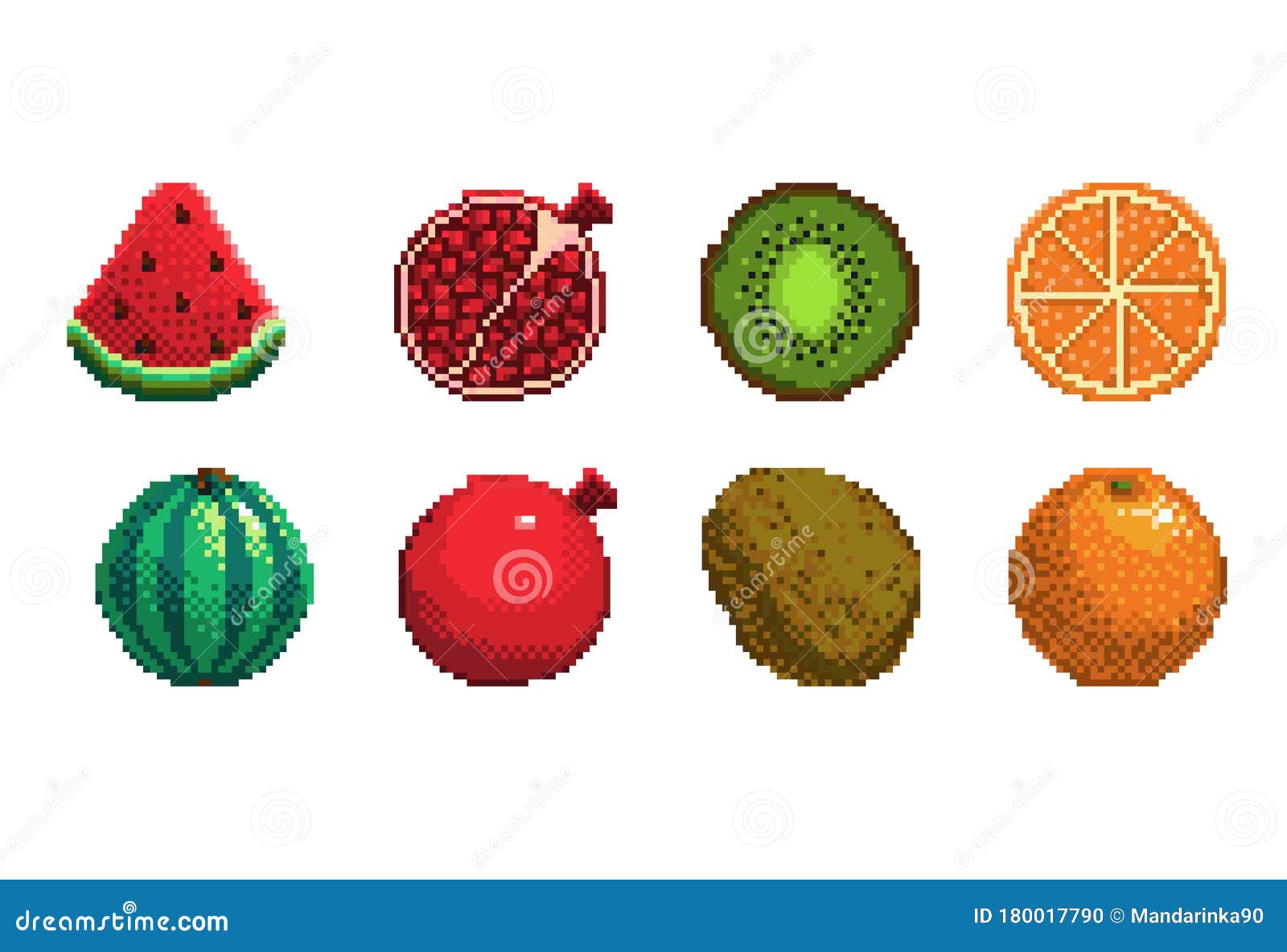 Set of Pixel Art Fruits Icon. 32x32 Pixels Stock Vector