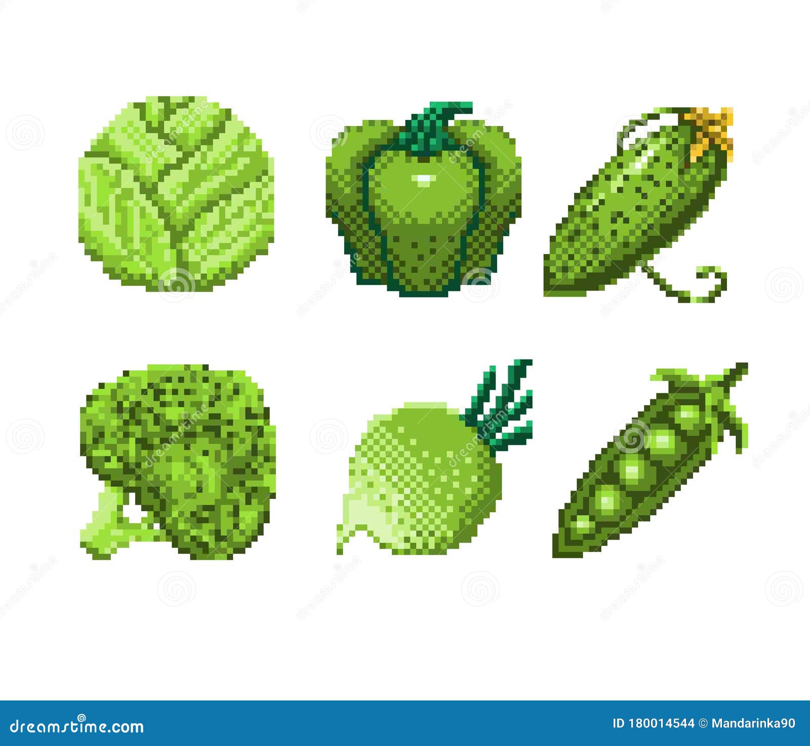 Set of Pixel Art Green Vegetables Icon. 32x32 Pixels Stock Vector