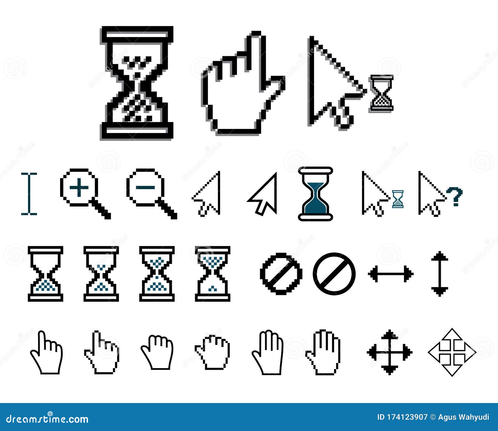 Set of Pixel Cursors or Pixel Hourglass or Pixel Mouse Cursor Concept