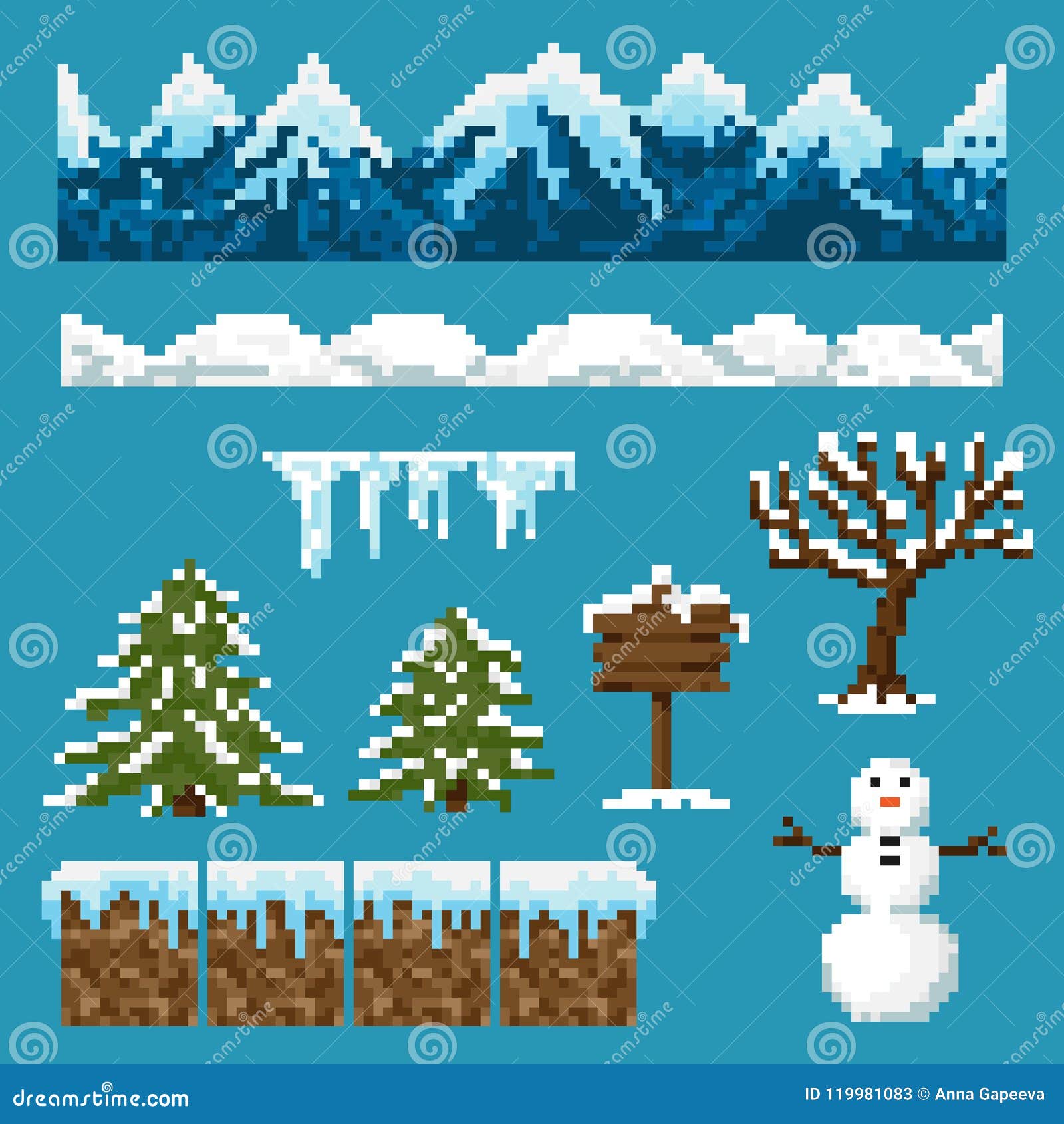 A Set of Pixel Elements for Creating a Winter Landscape Stock Vector Illustration of element