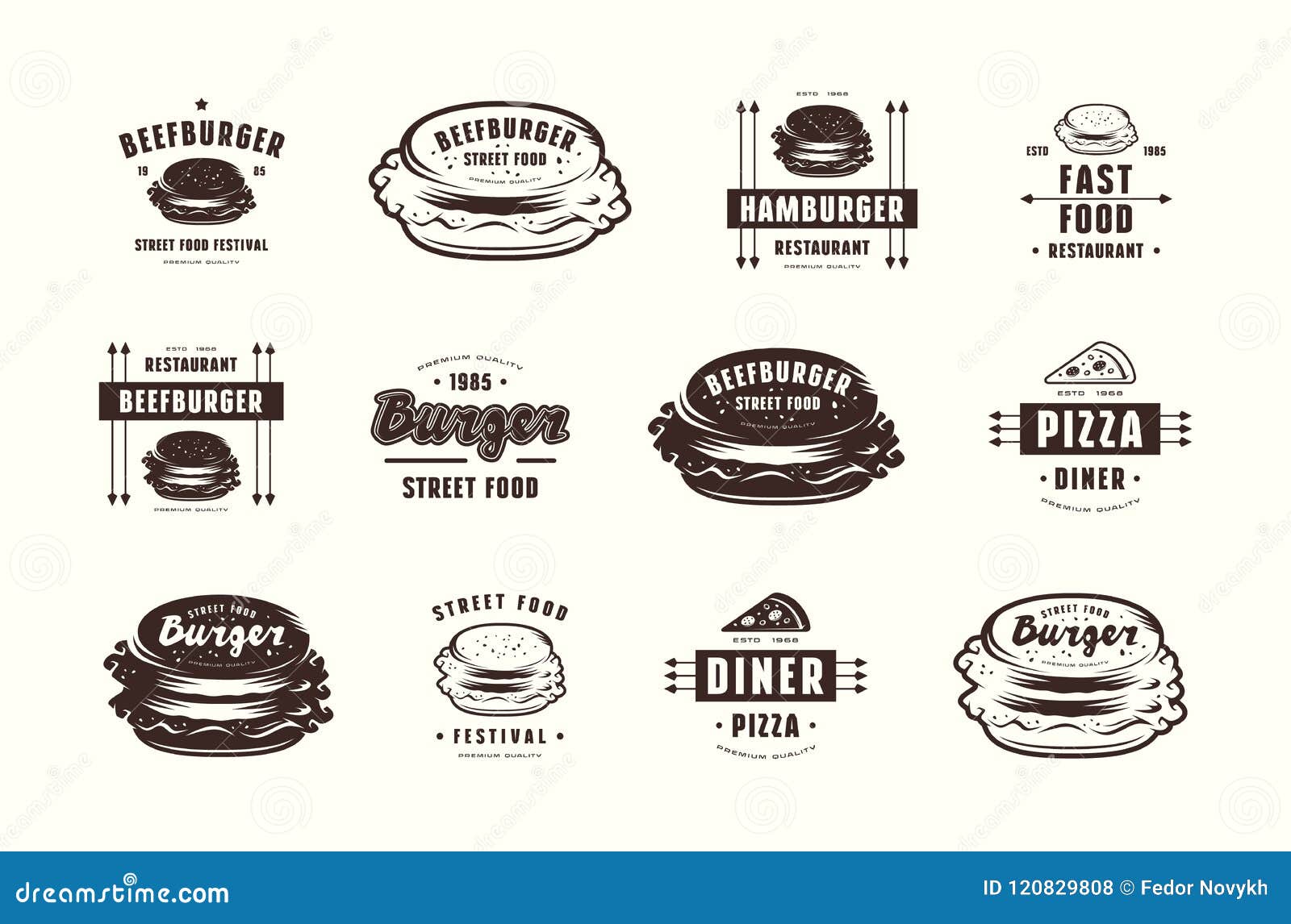 Set of Pizza and Burger Labels, Emblems and Logos Stock Vector Illustration of premium, pizza