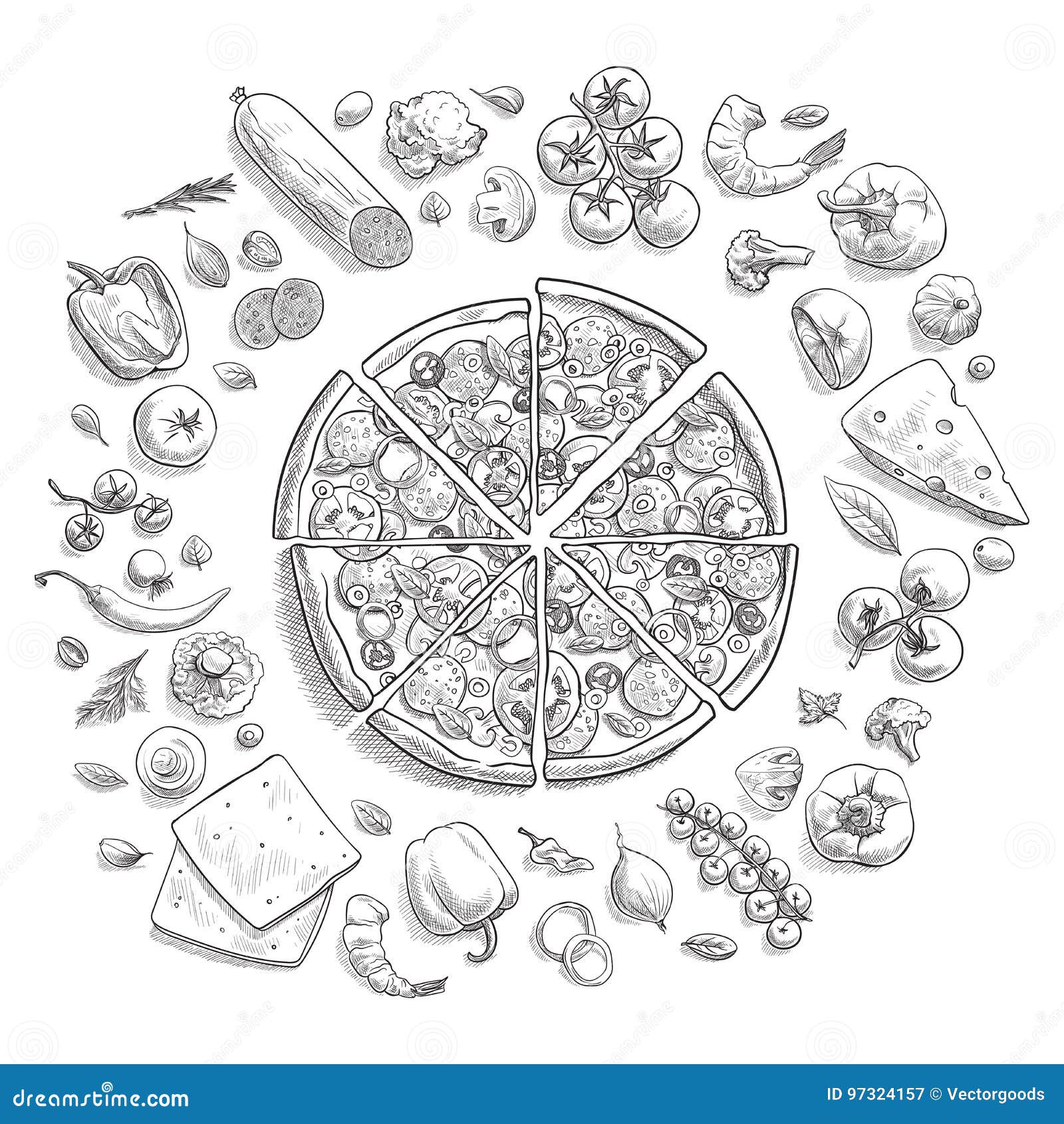 Doodle pizza. Italian food outline sketch, pepperoni mushrooms