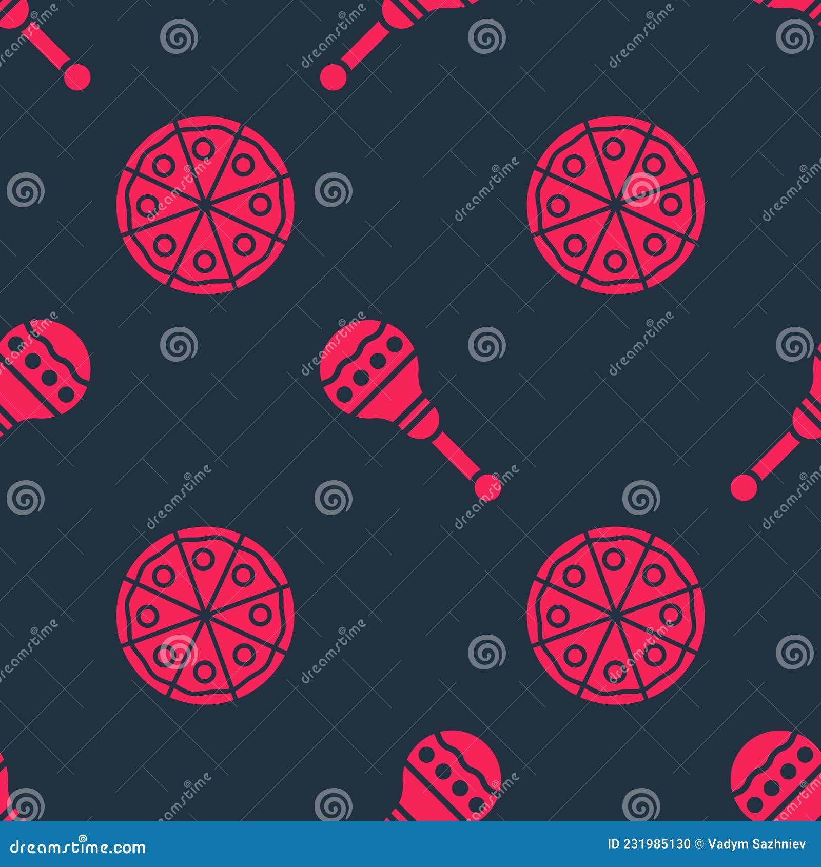 Set Pizza and Maracas on Seamless Pattern. Vector Stock Vector
